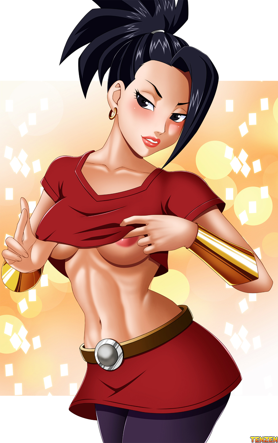 1girls, black eyes, black hair, breasts, dark skin, dark-skinned female, dragon ball, dragon ball super, earrings, female, kale, ponytail, saiyan, short hair, spiky hair, tenzen