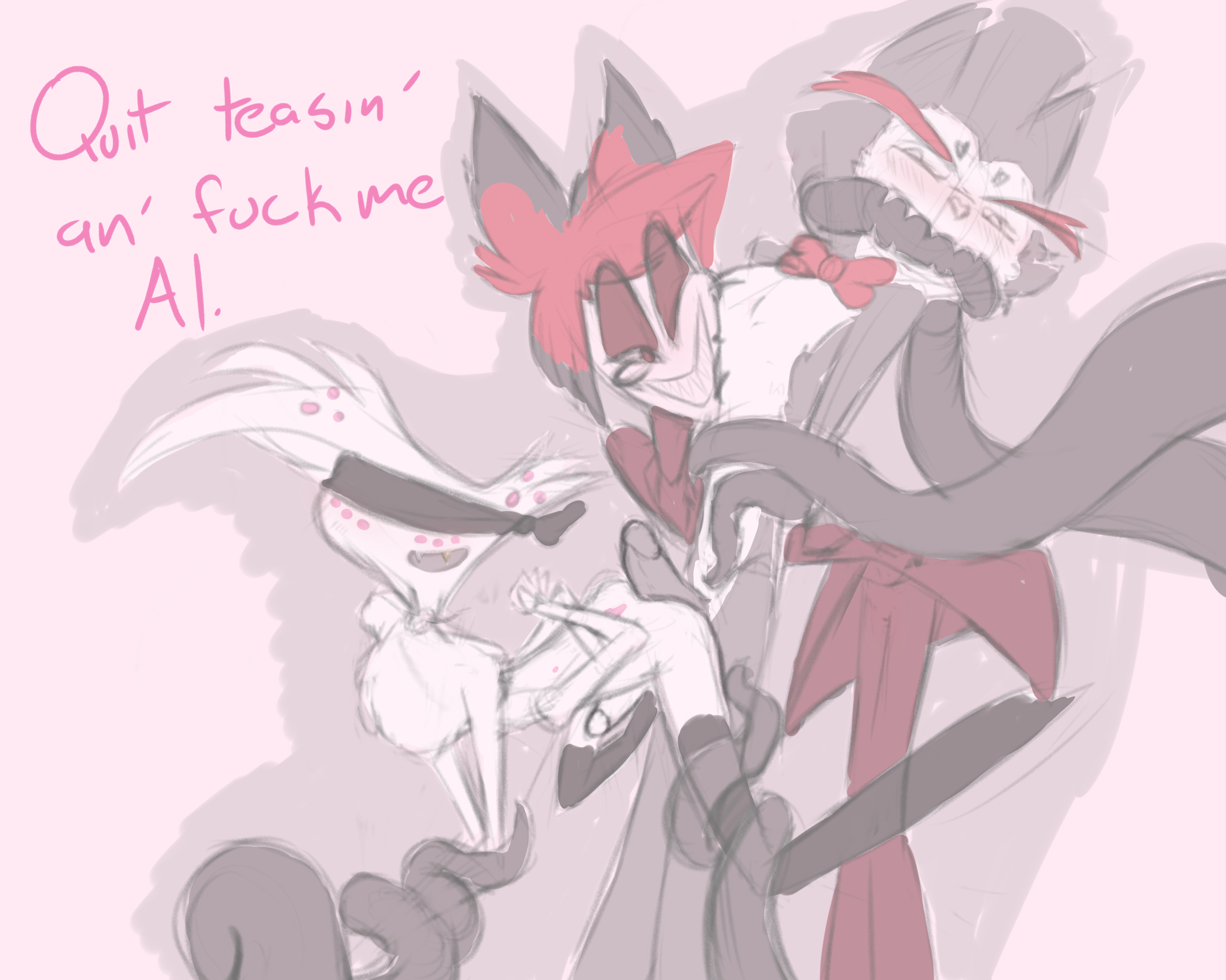3boys, alastor (hazbin hotel), angel dust (hazbin hotel), anthro, arachnid, blindfold, blindfolded, bondage, bowtie, cat, deer, deer ears, dialogue, english text, furry, hazbin hotel, hot dogging, husk (hazbin hotel), male, male only, multi arm, multi limb, no humans, restrained, simple background, sketch, smile, smirk, spindlehorse toons, straight hair, tentacle, tentacle in mouth, tentacles, tentacles on male, text, tied up, vivienne medrano, vivziepop, wink, yaoi