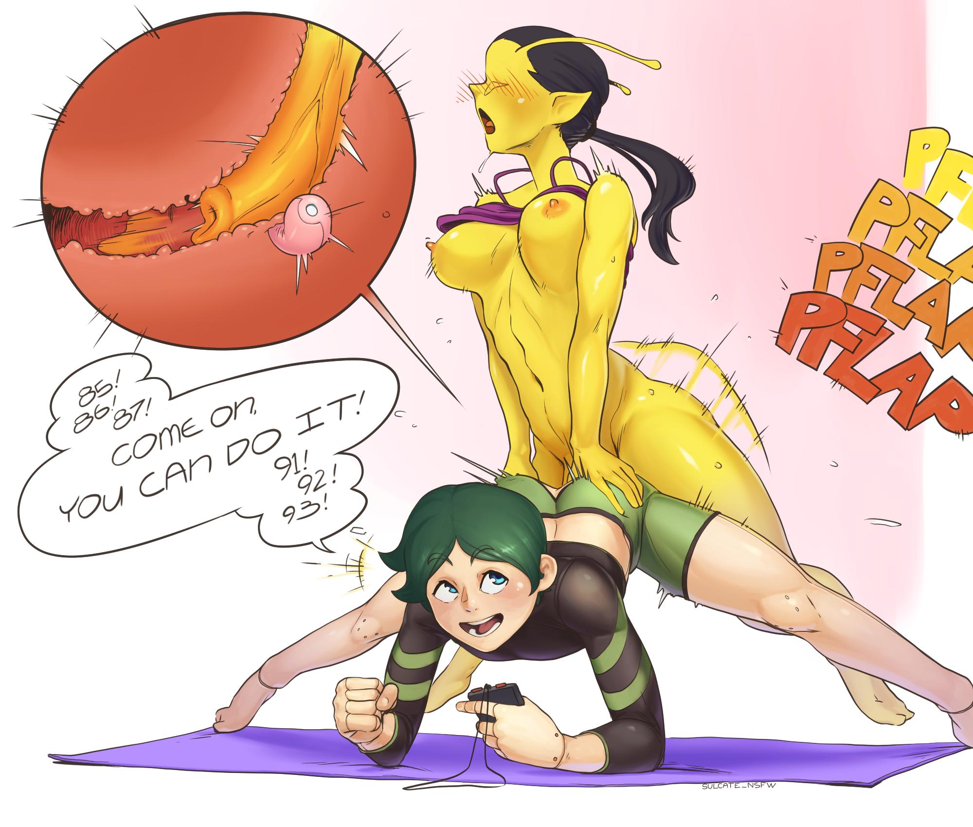 1boy, 1futa, alien, alien futa, alien girl, anal, areolae, black hair, breasts, exercise, female, from behind, futa on male, futa penetrating, futanari, green hair, gym, huge cock, internal, intersex, large penis, male, male penetrated, nipples, penis, prostate, robot, see-through, sports bra, sulcate, text, x-ray, yellow skin