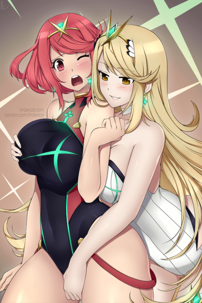 2girls, blonde hair, blush, breast grab, breasts, female, female only, from behind, large breasts, lindaroze, long hair, mythra, nintendo, one eye closed, open mouth, pyra, red eyes, red hair, short hair, smile, swimsuit, xenoblade (series), xenoblade chronicles 2, yellow eyes, yuri
