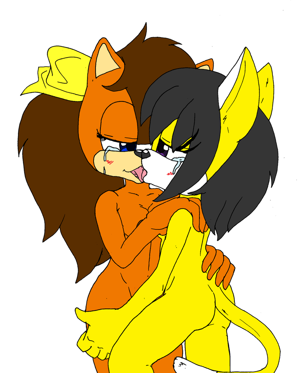 anthro ass black_hair blue_eyes blush bodily_fluids breasts brown_body brown_fur brown_hair crying domestic_cat duo felid feline felis female female/female fur hair honey_the_cat interspecies kissing mammal manx nipples nude pussy rabbitlvr91 simple_background smile sonic_(series) sonic_the_fighters sonic_x-treme tears tiara_boobowski tongue tongue_out yuri