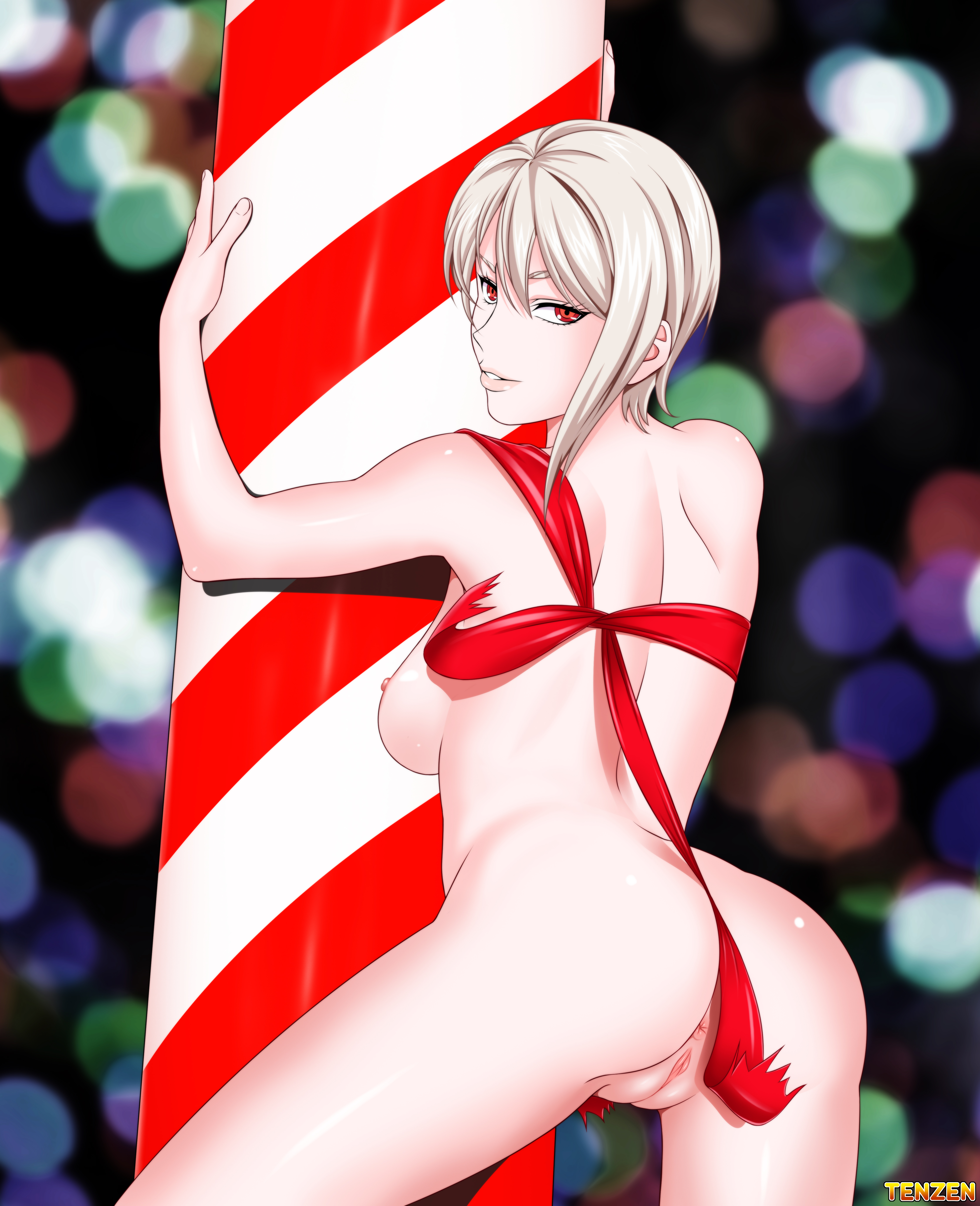 1girls, christmas, female, innie pussy, nakiri alice, pussy, shokugeki no souma, tenzen, white hair, white-haired female
