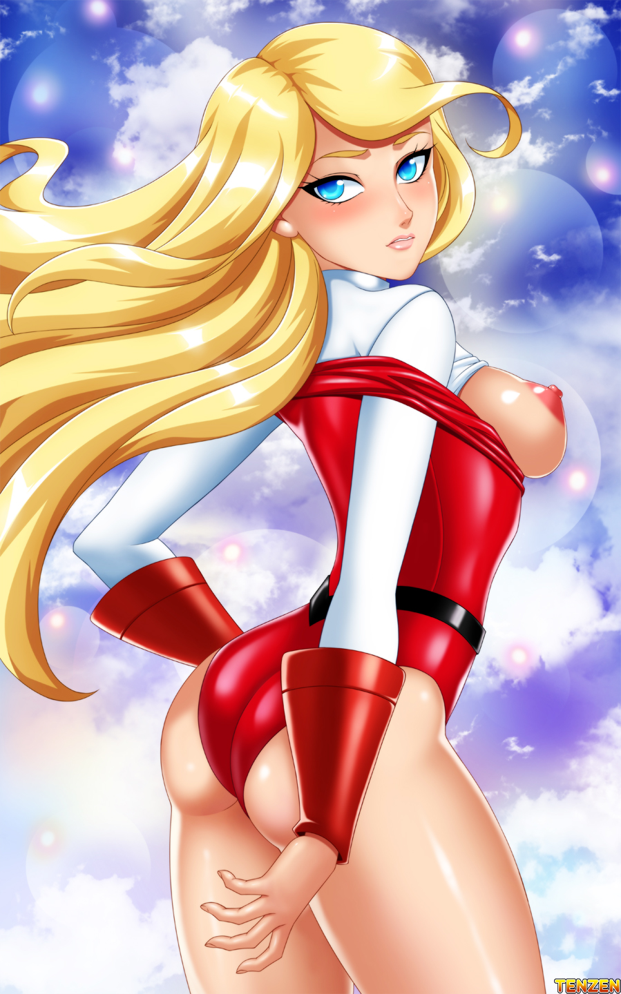 1girls adora areolae ass blonde_female blonde_hair blue_eyes blush boobs breasts cosplay crossover female female_only flowing_hair highleg_leotard leotard light-skinned_female light_skin long_hair looking_at_viewer looking_back nipples platinum_blonde_hair princess_adora_(cosplay) red_leotard she-ra_and_the_princesses_of_power she-ra_princess_of_power solo solo_female tenzen thick_thighs