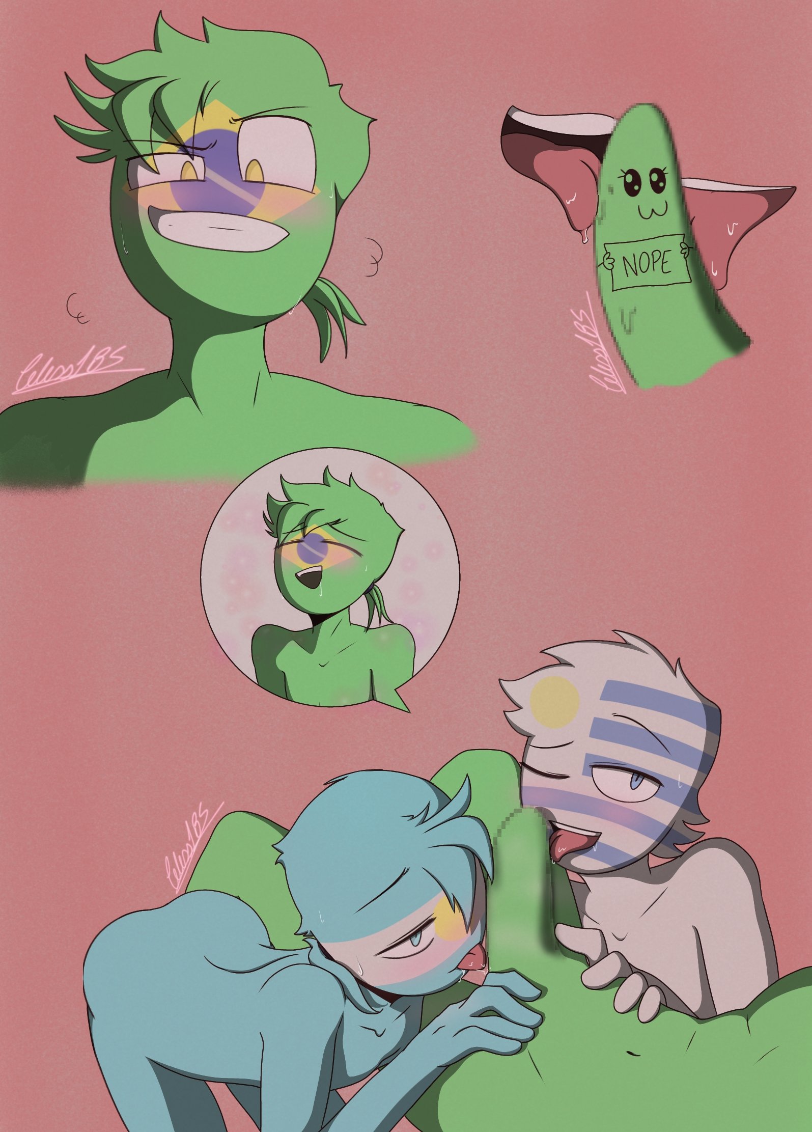 3boys, argentina (countryhumans), big penis, blue eyes, blush, brazil (countryhumans), celess185, censored, censored penis, closed eyes, countryhumans, crossover, drool, drooling, erection, gay, happy tree friends, licking penis, male, male only, male/male, naked, nude, open mouth, oral, oral penetration, oral sex, penetration, penis, penis lick, pickle penis, saliva, sex, smirk, sweat, teeth, teeth clenched, threesome, uruguay (countryhumans), yaoi, yellow eyes