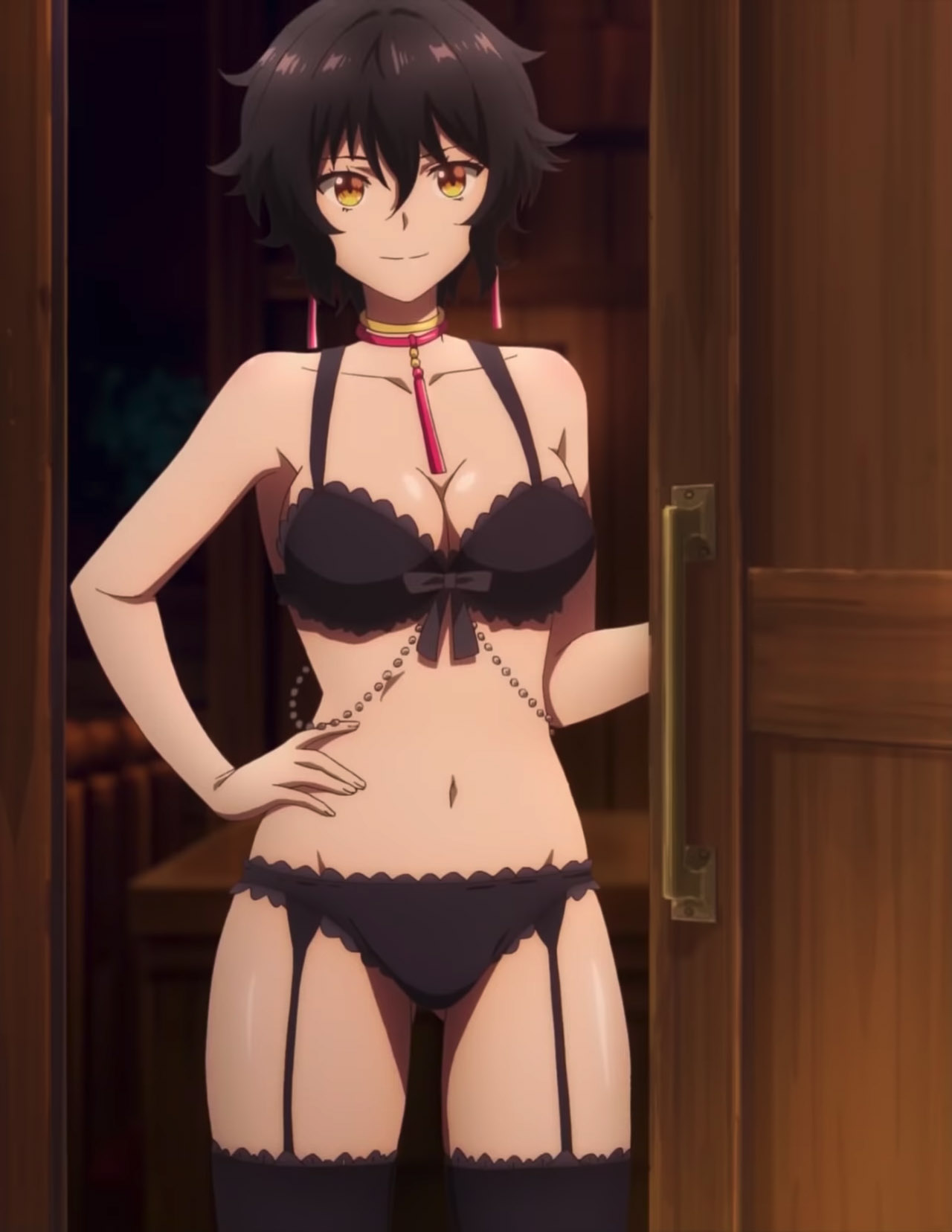 1girls, breasts, brown hair, clothed, female, female only, isekai cheat magician, lingerie, magician, remia (isekai cheat magician), screencap, screenshot, solo, yellow eyes