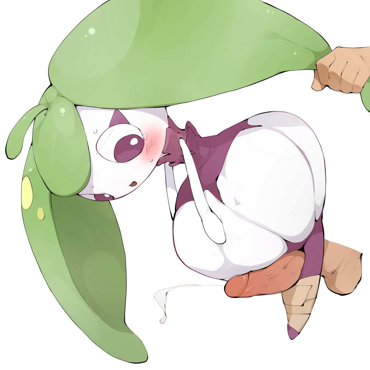 1:1, 1boy, ambiguous gender, bodily fluids, cum, flora fauna, genital fluids, larger male, male, nintendo, penis, plant, pokémon (species), pokemon, pokemon (species), pokemon sm, simple background, size difference, source request, steenee, thigh sex, video games, white background, youjomodoki