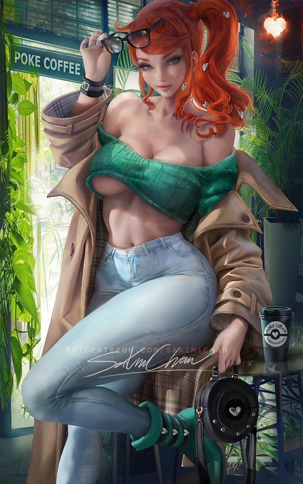 1girls, abs, alternate breast size, ass, breasts, cleavage, clothed, deviantart, female, female only, glasses, human, human only, jeans, large ass, large breasts, looking at viewer, midriff, nintendo, patreon, pinup, pokemon, pokemon ss, red hair, revealing clothes, sakimichan, solo, sonia (pokemon), text, thick thighs, underboob, url, watermark, wide hips