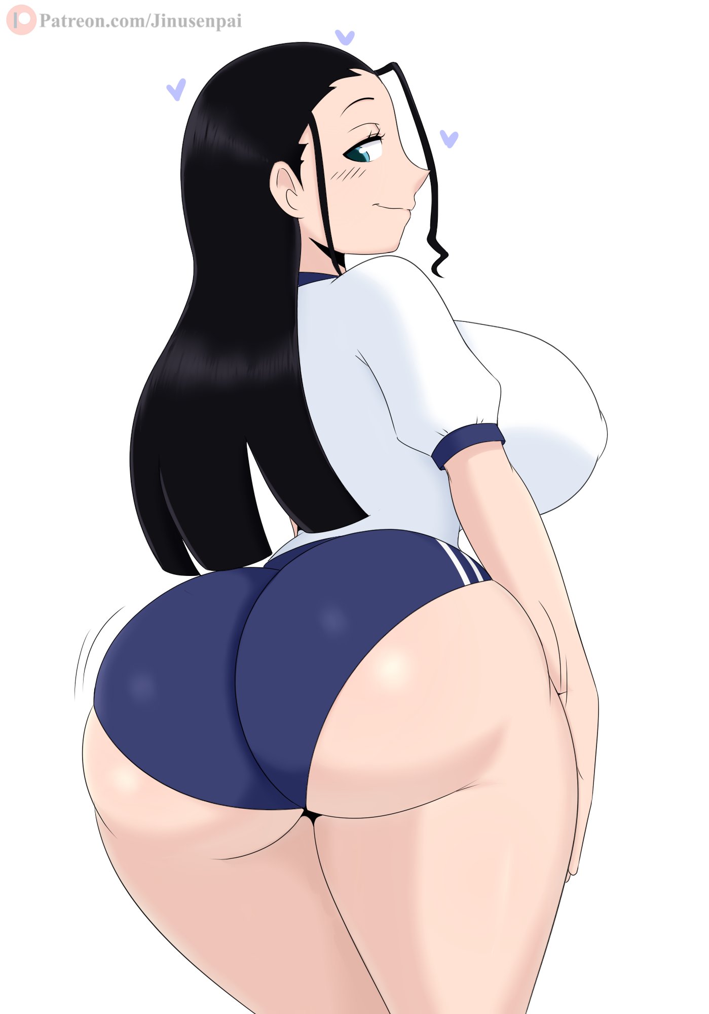 1girls, 2020, ass, back view, big ass, big breasts, big butt, black hair, breasts, breasts bigger than head, bubble ass, bubble butt, clothed, clothing, eyebrows, eyelashes, fat ass, female, female only, gluteal fold, gym clothes, gym uniform, hair, heart-shaped butt, huge ass, huge breasts, huge butt, human, human only, jinu, large breasts, long ass, long hair, looking back, low-angle view, naughty face, nico robin, nipple bulge, one piece, post-timeskip, rear view, short sleeves, shounen jump, smile, solo, swimwear, thick, thick ass, thick thighs, thighs, uniform, white background, wide hips
