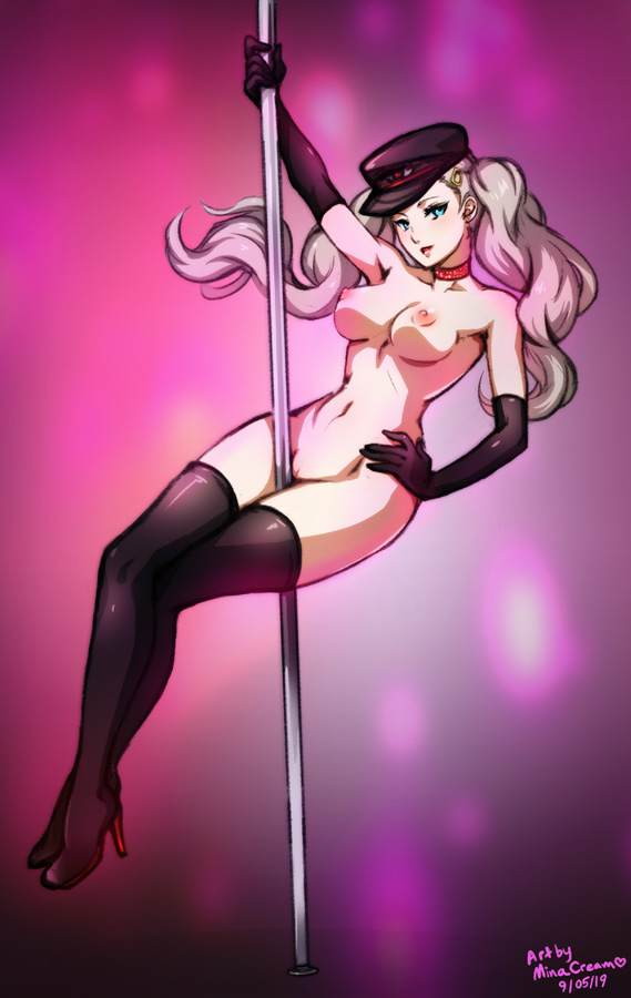 1girls, ann takamaki, areolae, atlus, breasts, female, female only, hat, looking at viewer, minacream, nipples, persona, persona 5, persona 5: dancing star night, pole, pussy, solo, thighhighs