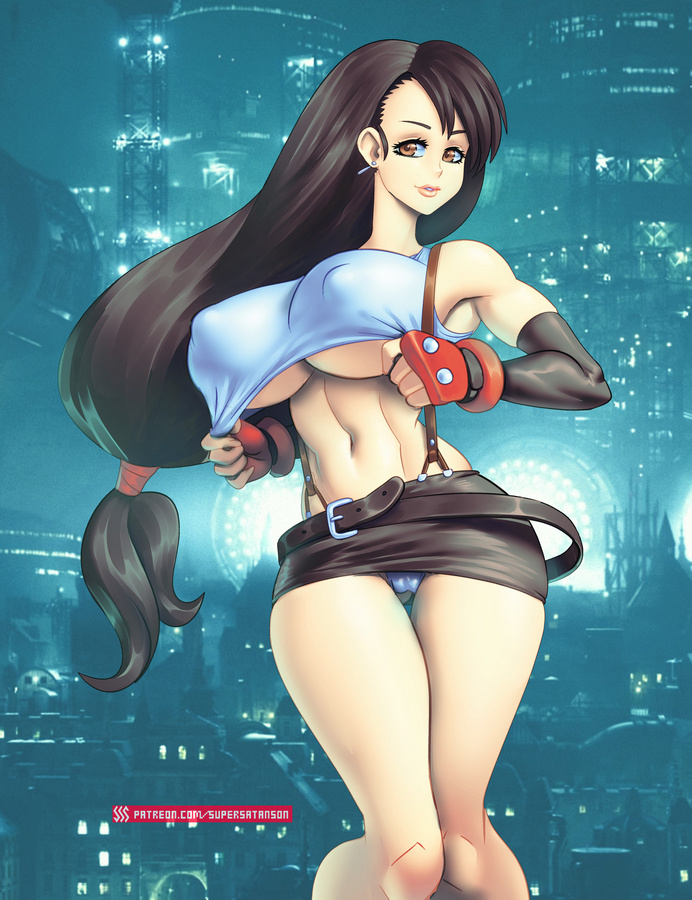 1girls, abs, areolae, breasts, cleavage, erect nipples, female, female only, final fantasy, final fantasy vii, huge breasts, looking at viewer, nipples, panties, solo, supersatanson, thick thighs, tifa lockhart, underboob, wide hips