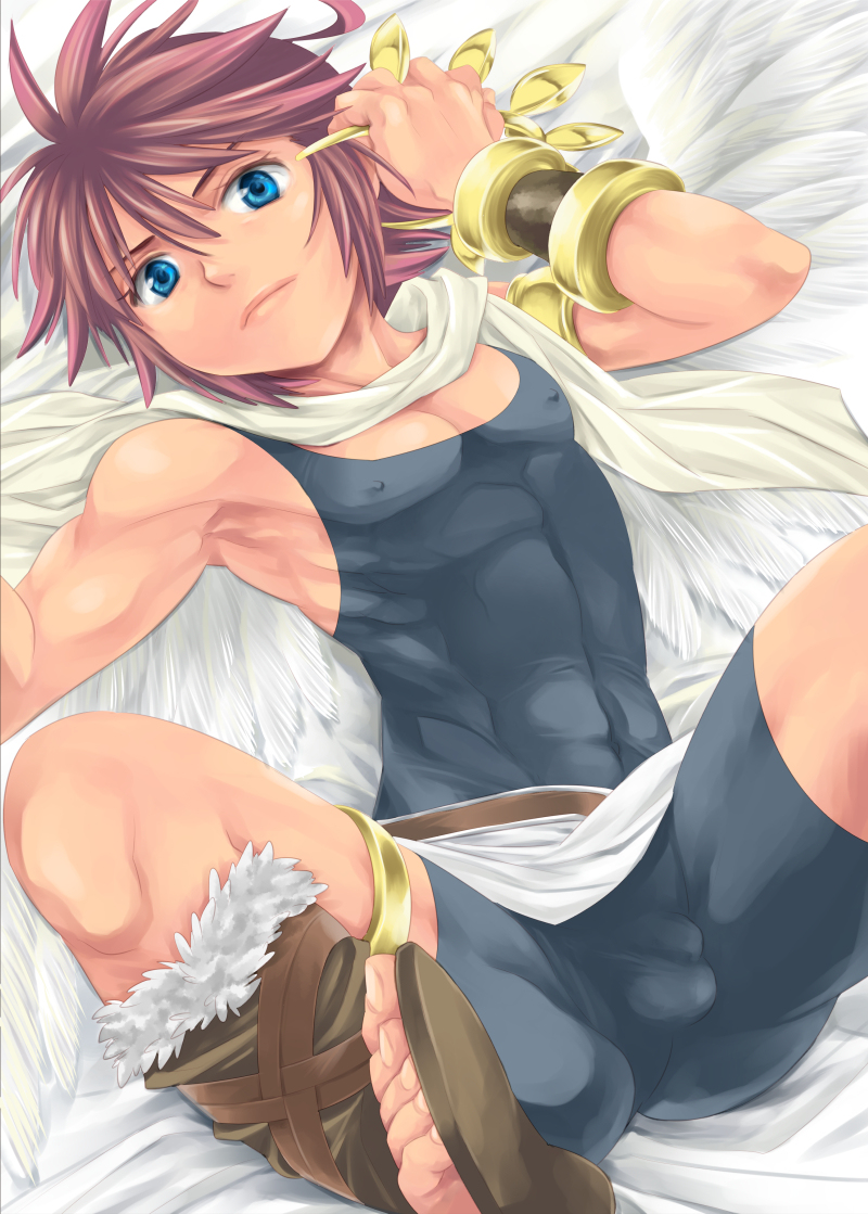 angel belt better_version_at_source blue_eyes boots bottomwear brown_hair clothed clothing footwear genitals hair human humanoid karasumapink kid_icarus male mammal nintendo penis pit pit_(kid_icarus) shorts video_games wings