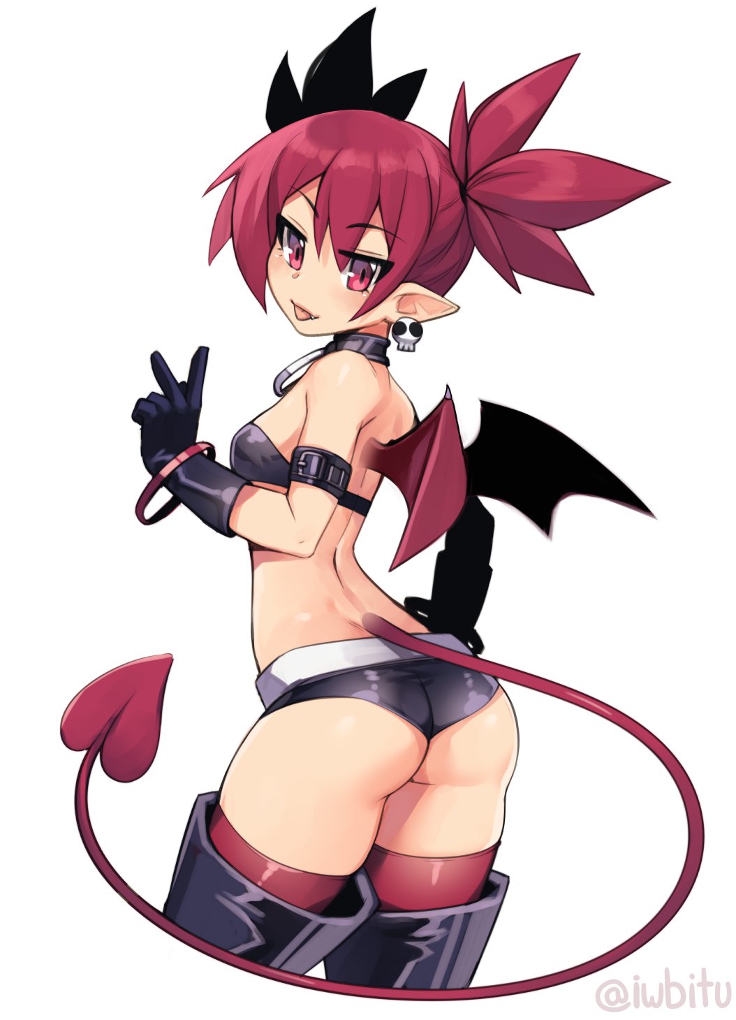 1girls, ass, breasts, demon, demon girl, demon tail, demon wings, disgaea, disgaea 1, etna, female, female only, iwbitu, light skin, light-skinned female, looking at viewer, looking back, nippon ichi software, solo, thighhighs