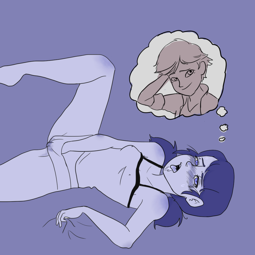 1boy, 1girls, adrien agreste, blue eyes, blue hair, blush, bra lift, crush, drooling, fantasizing, female, female focus, gripping sheets, hand in panties, lying on bed, male, marinette cheng, marinette dupain-cheng, masturbation, miraculous ladybug, spread legs, tears, tongue, tongue out