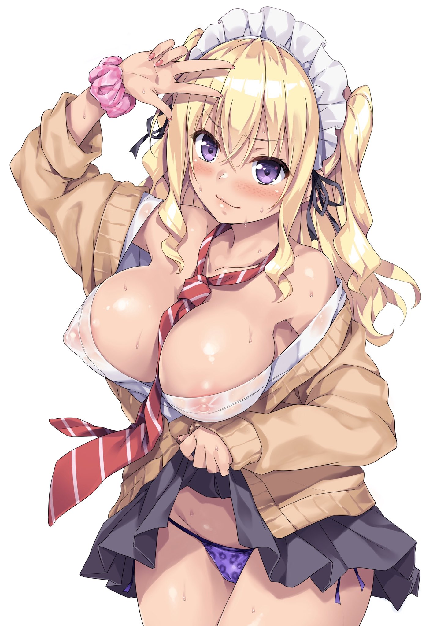 >:), akizora momiji, animal print, arm up, armpits, bangs, bare shoulders, between breasts, black skirt, blonde hair, blush, breasts, brown cardigan, cameltoe, cardigan, cleavage, closed mouth, collarbone, commentary request, cowboy shot, dark skin, eyebrows visible through hair, female, frills, gyaru, highres, kogal, large breasts, leopard print, lifted by self, long sleeves, maid headdress, miniskirt, nail polish, necktie, necktie between breasts, nipples, no bra, off shoulder, open cardigan, open clothes, open shirt, original, panties, pleated skirt, purple eyes, purple panties, pussy, red nails, red neckwear, scrunchie, see-through, shirt, side-tie panties, simple background, skirt, skirt lift, sleeves past wrists, smile, solo, striped, striped neckwear, sweat, thighs, underwear, upskirt, v, wavy hair, wet, wet clothes, wet shirt, white background, wrist scrunchie
