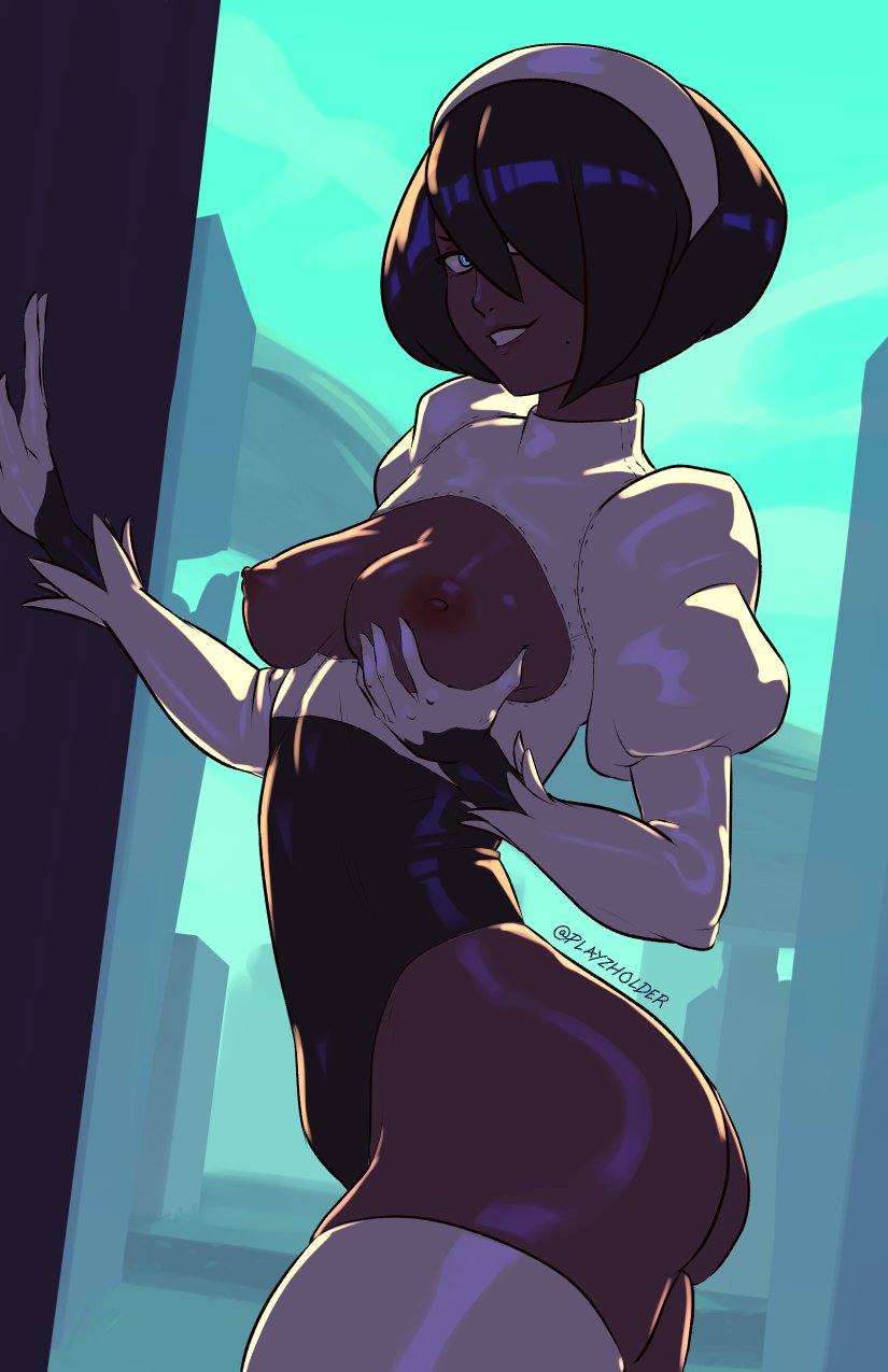 1girls, alternate costume, areola, ass, breasts, dark skin, dark-skinned female, female, female only, looking at viewer, nier, nier: automata, nipples, playzholder, solo, soul calibur, thighhighs, yorha 2p