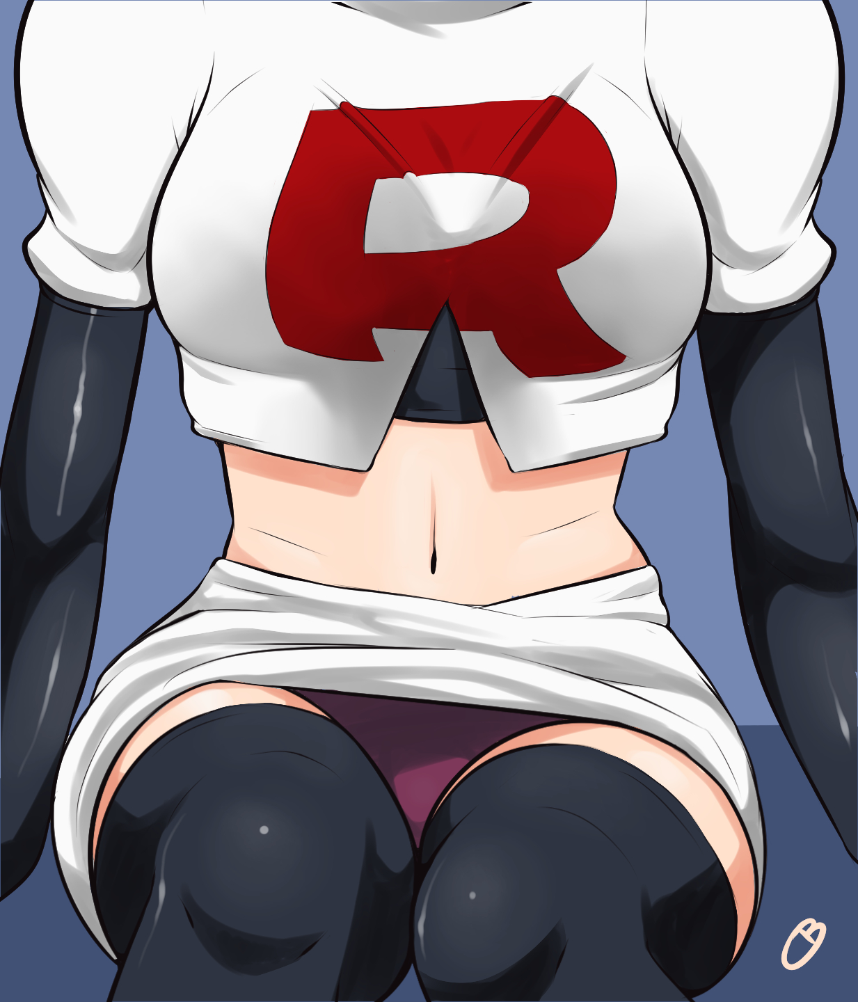1girls, alternate breast size, boots, breasts, captainbuttocks (artist), female, female only, human, human only, jessie (pokemon), miniskirt, nintendo, panties, pantyshot, pantyshot (sitting), pokemon, pokemon rgby, skirt, solo, source request, text, thigh boots, underwear, upskirt, watermark, wide hips