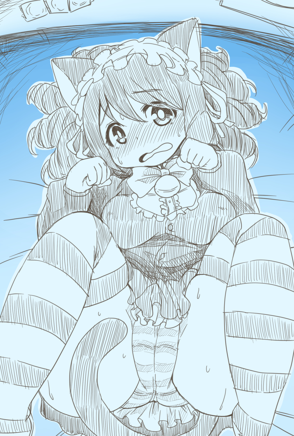 2016 5_fingers anthro blush bodily_fluids breasts cameltoe clothing cyan_(show_by_rock!!) female fingers fur hair kemono looking_at_viewer lying mammal monochrome nervous open_mouth panties shinobe show_by_rock!! solo sweat underwear upskirt