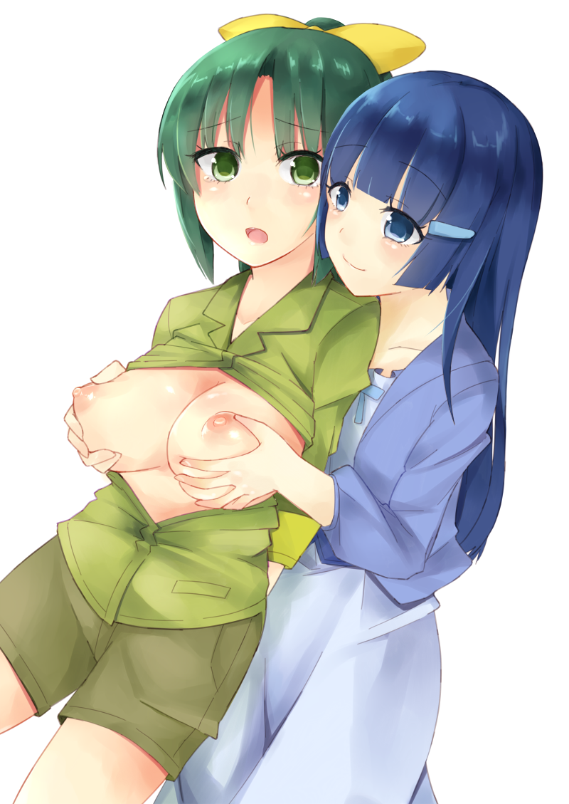 2girls aoki_reika blue_eyes blue_hair bow breast_grab breasts breasts_out_of_clothes clothing eyelashes female grabbing green_eyes green_hair green_shirt groping hair_ornament hairbow hairclip large_breasts long_hair midorikawa_nao multiple_girls nipples open_clothes ponytail precure pretty_cure shirt shorts smile_precure tied_hair white_background yoshida_project yuri