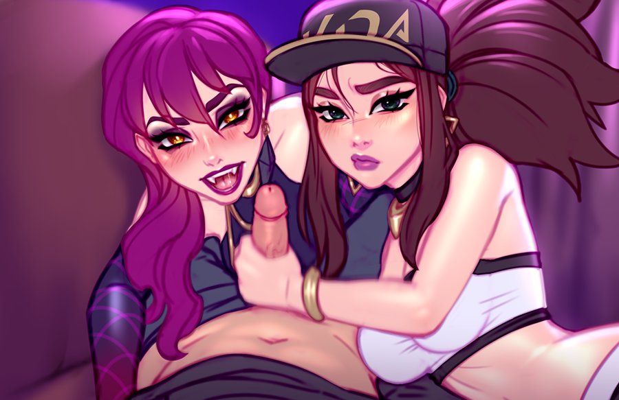 1boy 2girls akali alternate_costume blushypixy blushyspicy erection evelynn female ffm_threesome handjob k/da_akali k/da_evelynn k/da_series league_of_legends light-skinned_female light-skinned_male light_skin looking_at_viewer male penis pov strapless strapless_top strapless_topwear threesome tubetop