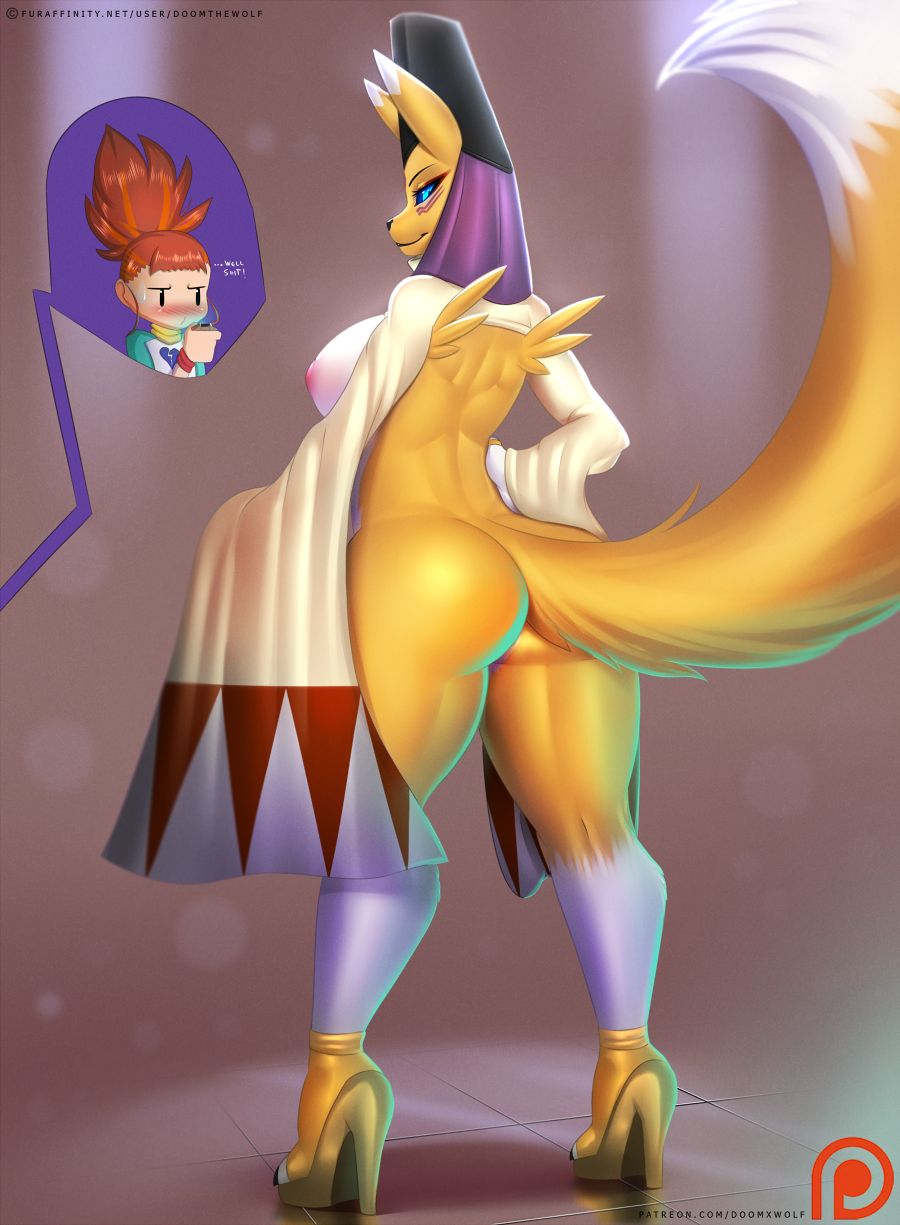animal ears, ass, digimon, doomthewolf, furry, hat, high heels, tail, taomon