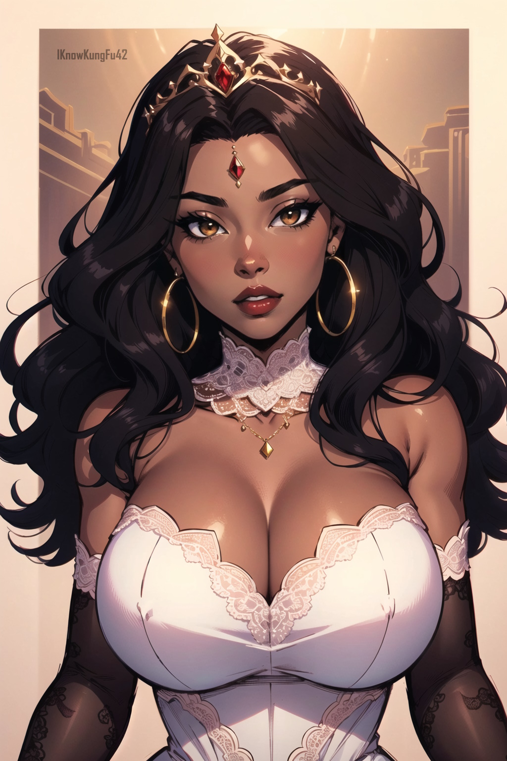 1girls, ai generated, artist name, big breasts, big lips, black hair, blush, breasts, brown eyes, busty, choker, cleavage, clothed, clothing, crown, dark skin, dark-skinned female, dress, earrings, eyelashes, female, female human, female only, forehead jewel, gloves, hoop earrings, human, iknowkungfu42, jewelry, large breasts, lips, long hair, looking at viewer, original, original character, parted lips, red lips, seductive, seductive look, solo, thick lips, tiara, wavy hair, wedding dress, white clothing, white dress