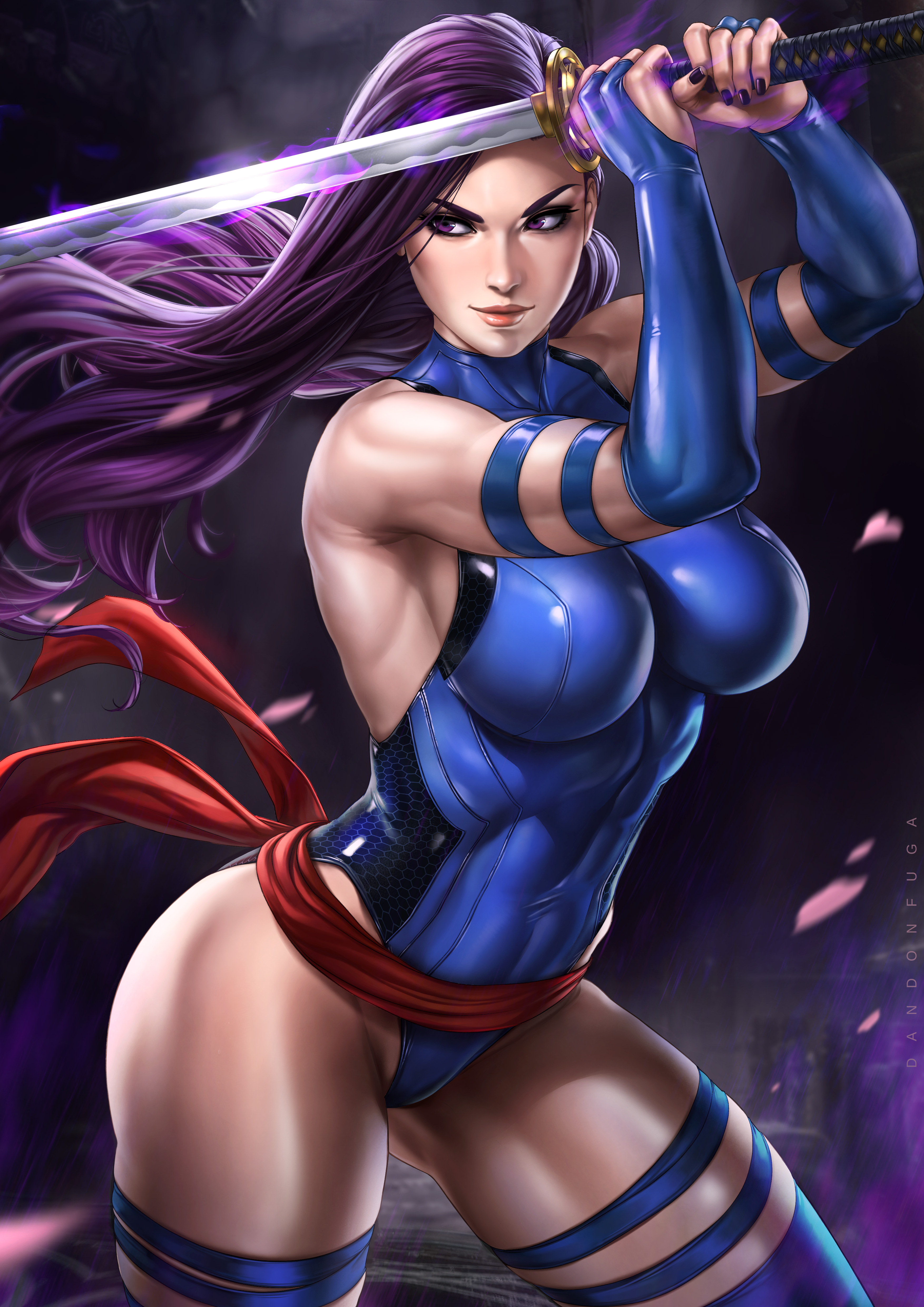 1girls, abs, armpits, big breasts, blue bodysuit, blue dress, blue elbow gloves, blue thighhighs, bodysuit, breasts, dandon fuga, elbow gloves, female, fingerless elbow gloves, katana, latex elbow gloves, marvel, marvel comics, muscular, muscular female, psylocke (kwannon), purple eyes, purple hair, standing, straight hair, superheroine, sword, thighhighs, violet eyes, weapon, x-men