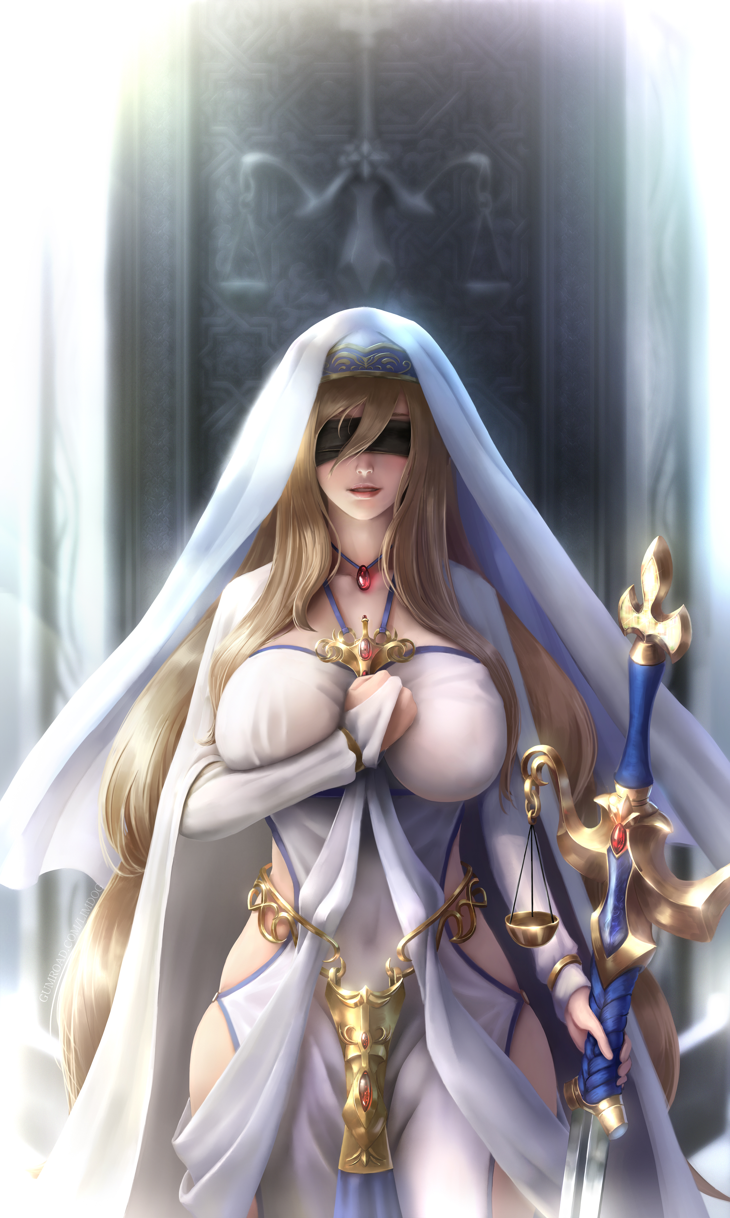 abs, areolae, blindfold, blonde hair, breasts, female, female only, goblin slayer, high resolution, highres, limgae, lips, long hair, necklace, shawl, solo, standing, sword, sword maiden (goblin slayer), thick thighs, thigh gap, veil, watermark, weapon, wide hips