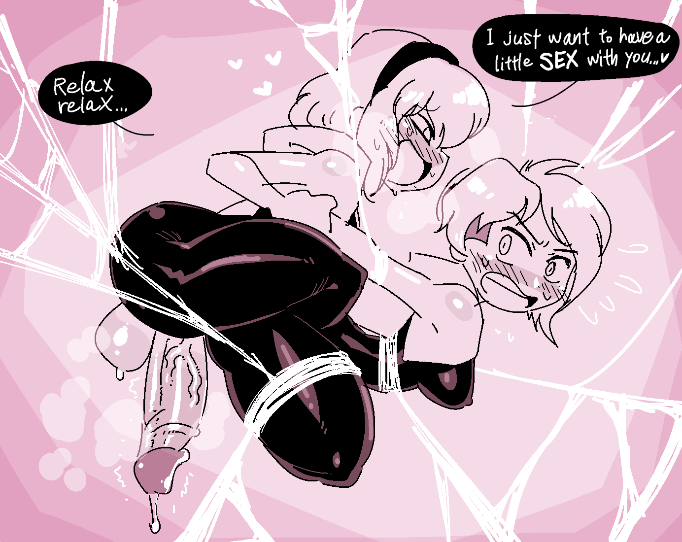 1boy, 1girls, about to pound the fuck outta em, balls, big balls, big penis, blush, crap-man, erection, female, femboy, femboy on female, forced, gwen stacy, gwen stacy (spider-verse), hairband, heart, imminent penetration, imminent sex, large penis, male, marvel, marvel comics, penis, selfcest, shorts, spider web, spider-gwen, spider-man (series), spider-man: into the spider-verse, testicles, text, thick thighs, veins, veiny penis