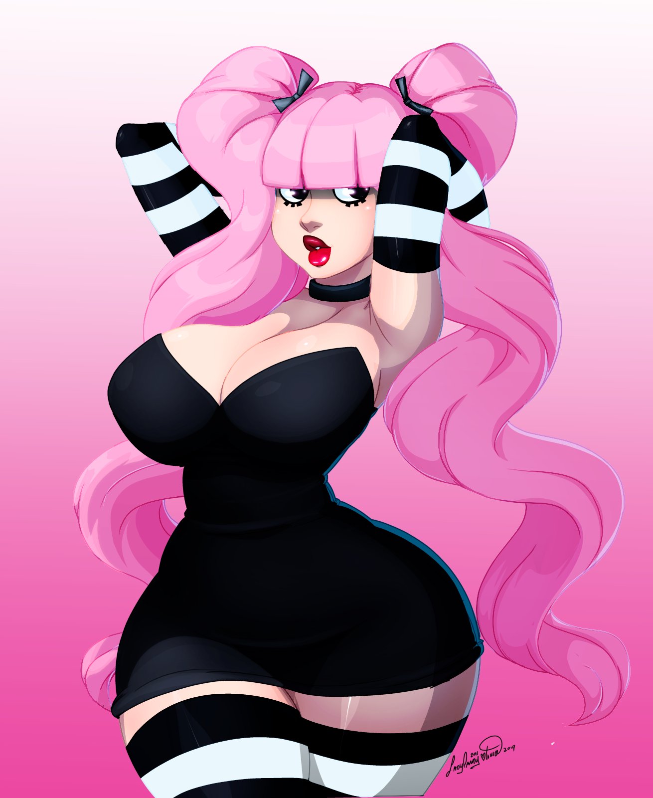 1girls, 2019, armpits, arms behind head, arms up, armwear, artist name, bangs, bare shoulders, big breasts, black eyes, breasts, cleavage, clothing, collar, curvy, dress, eyelashes, female, female focus, female only, fringe, goth, hair ribbon, hand behind head, highres, hips, human, ladycandy2011, large breasts, legwear, lips, lipstick, looking to the side, miniskirt, one piece, parted lips, perona, pink background, pink hair, ponytail, red lipstick, shiny skin, signature, simple background, skirt, solo, solo female, stockings, strapless, striped, striped armwear, striped legwear, teeth, thick lips, thick thighs, thighhighs, thighs, thin waist, tied hair, twintails, very long hair, voluptuous, wavy hair, white background, wide hips