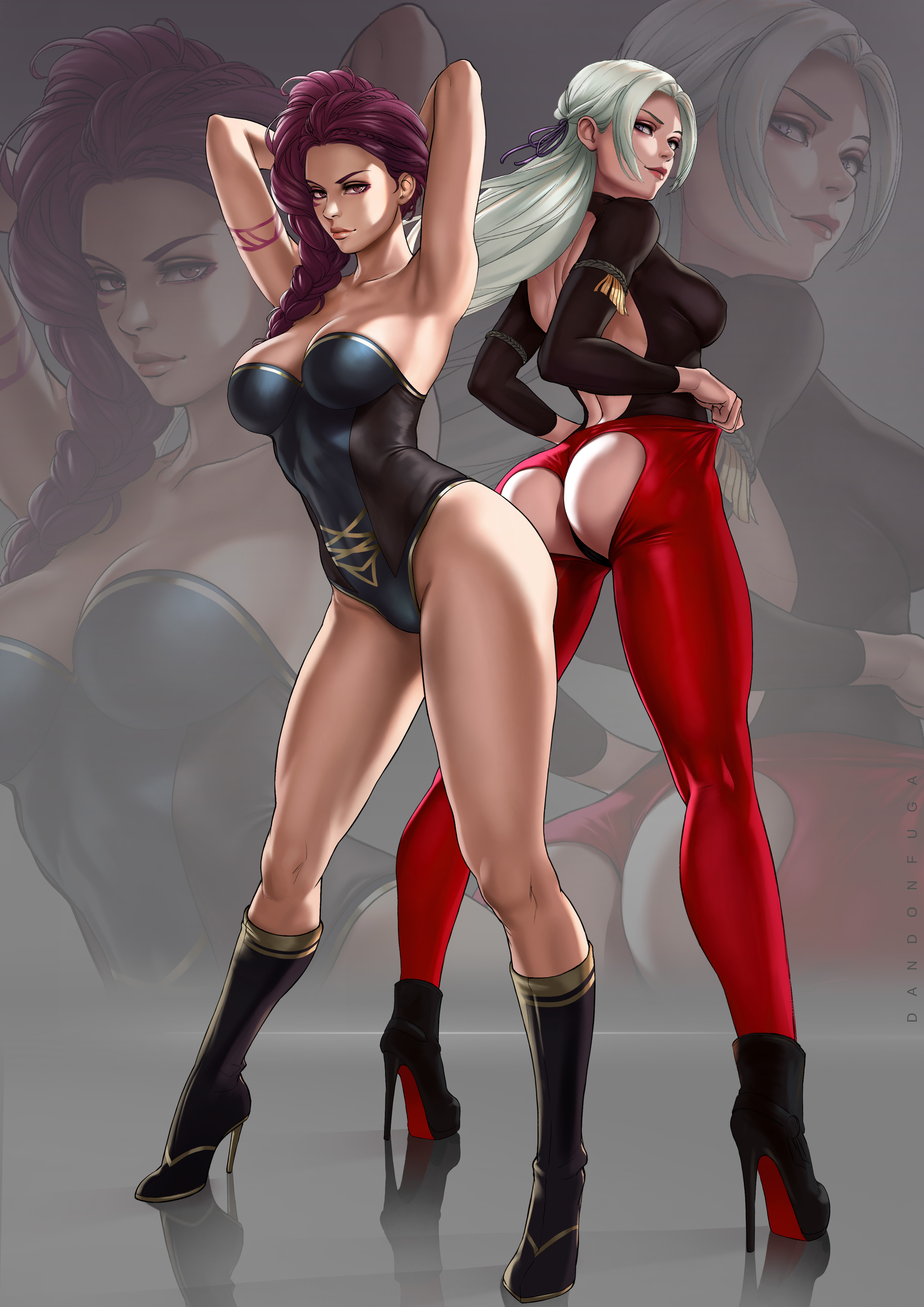2girls, armpits, ass cutout, back cutout, back view, bodysuit, boots, dandon fuga, edelgard von hresvelg, female, fire emblem, fire emblem: three houses, hands behind head, heel boots, heels, petra macneary, purple hair, red pants, reflection, white hair