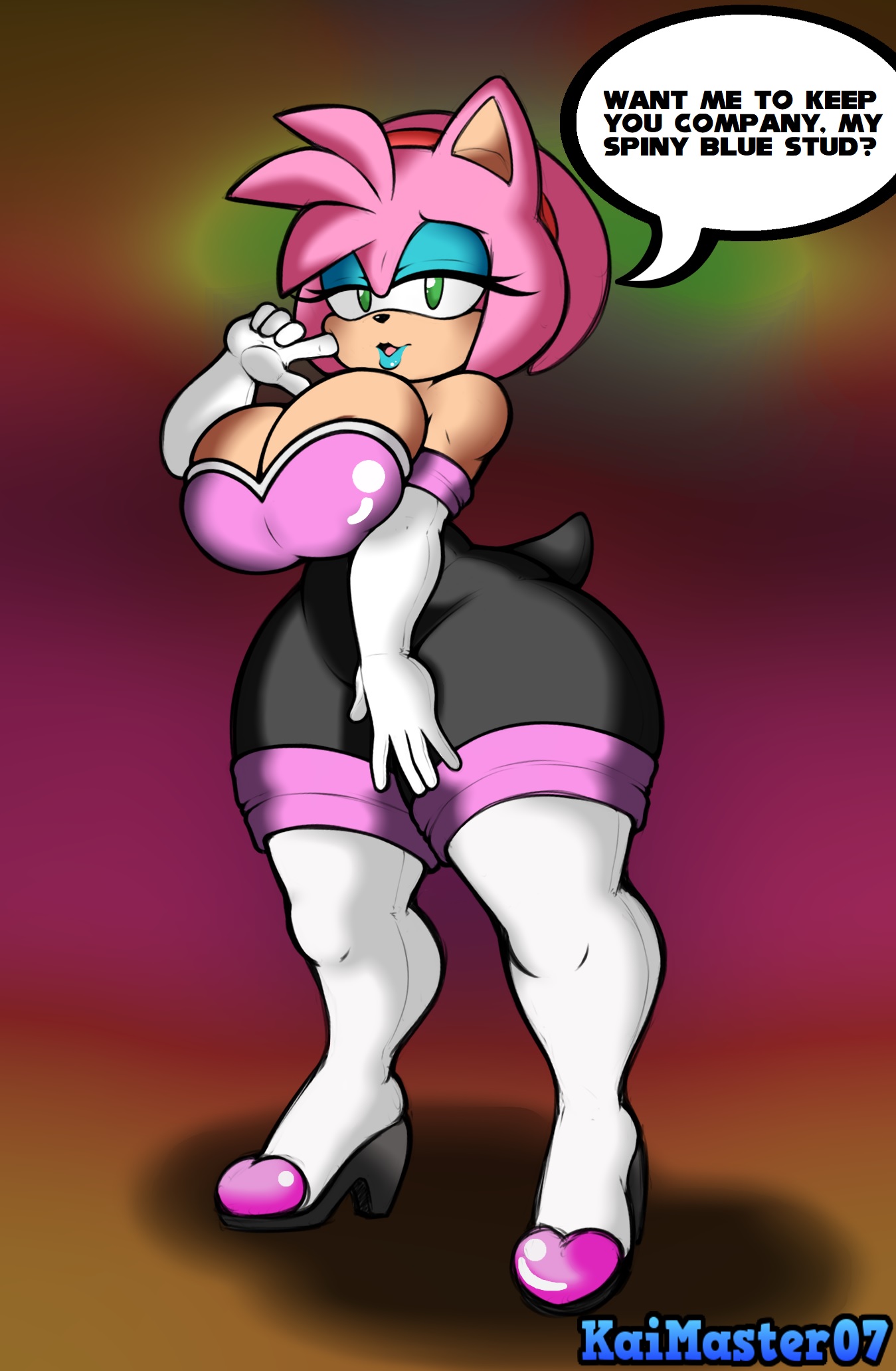 1girls, alternate breast size, amy rose, amy the bat, anthro, ass, blue lipstick, breasts, bubble ass, bubble butt, busty, eyes half open, eyeshadow, female, female only, hedgehog, high heels, large breasts, mammal, rouge the bat (cosplay), sega, skin tight, solo, sonic (series), stunnerpony, thekaimaster07, thick thighs, wide hips