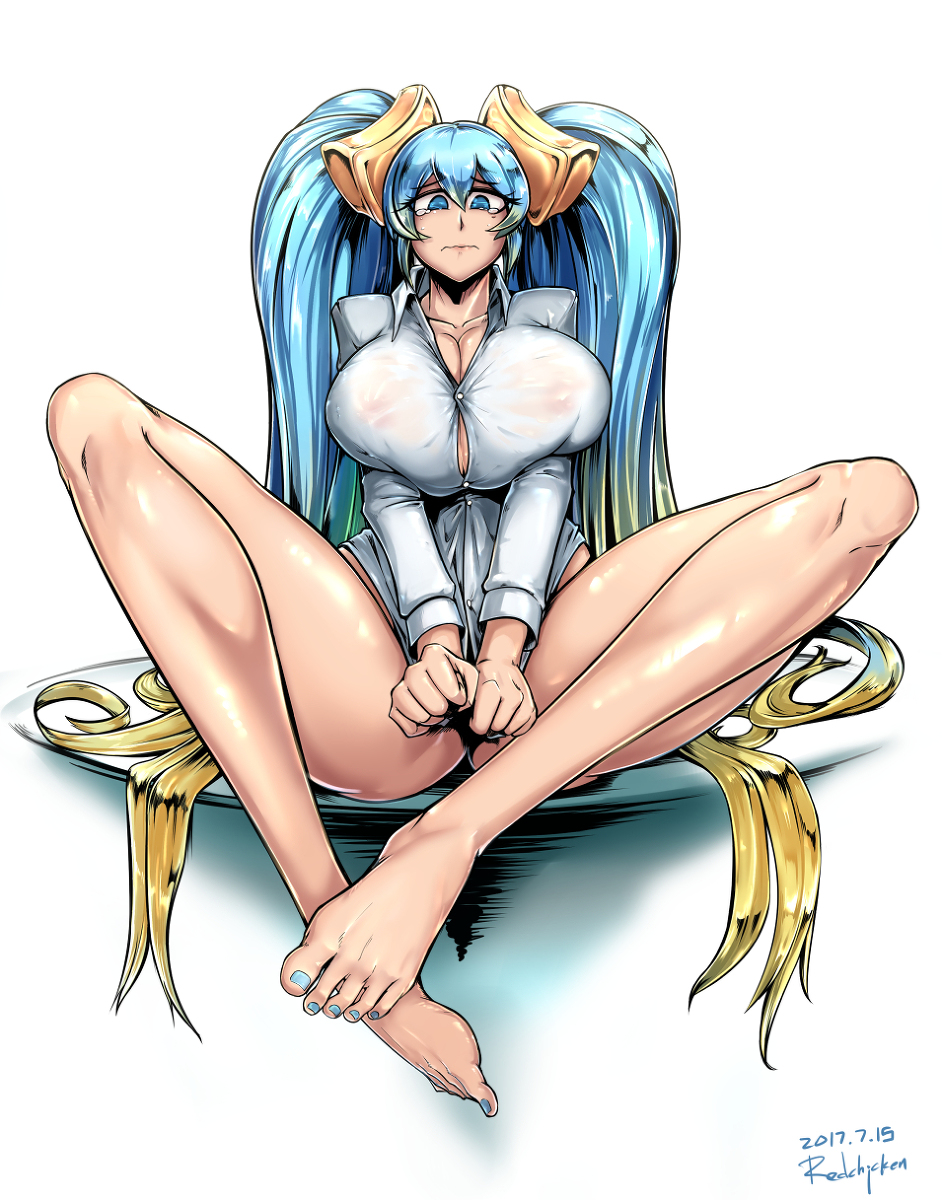 barefoot big_breasts blue_eyes blue_nail_polish blue_nails bottomless breasts embarrassed feet foot_fetish hair_ornament huge_breasts large_breasts league_of_legends legs multicolored_hair nipples plain_background redchicken sad shirt_pull shirt_tug sitting sona_buvelle spread_legs tears toenail_polish toes transparent_clothing twintails white_background white_shirt white_skin wide_hips