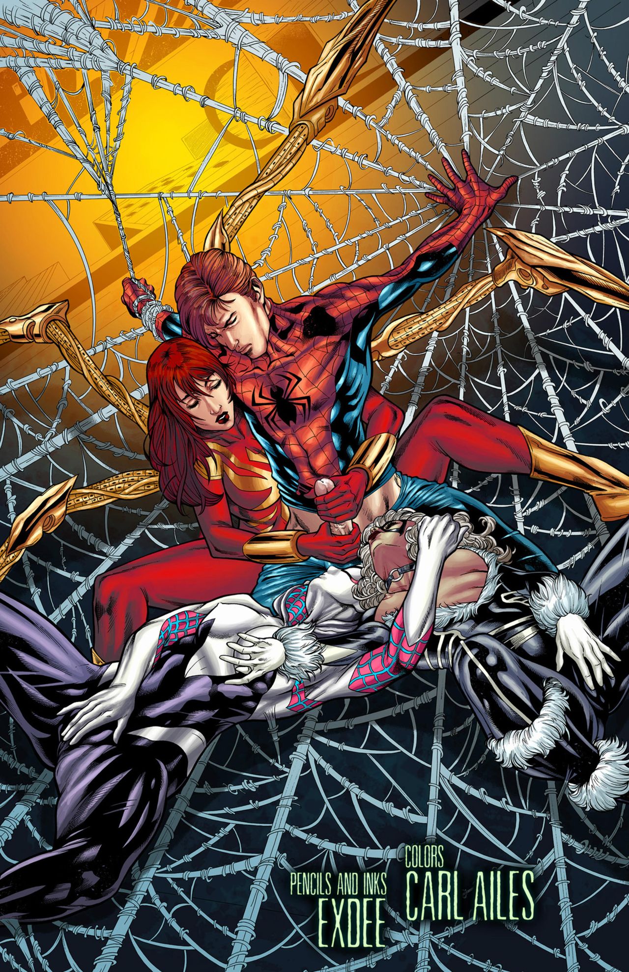 1boy 3girls black_cat_(marvel) bust busty carl_ailes clothed clothing costume exdee felicia_hardy female gwen_stacy handjob hips iron_spider long_hair male marvel marvel_comics masturbation metal_arm penis peter_parker red_hair sex spider-gwen spider-man spider-man_(series) stimulation straight straight_hair superhero superheroine tracyscops voluptuous web webs white_hair wide_hips