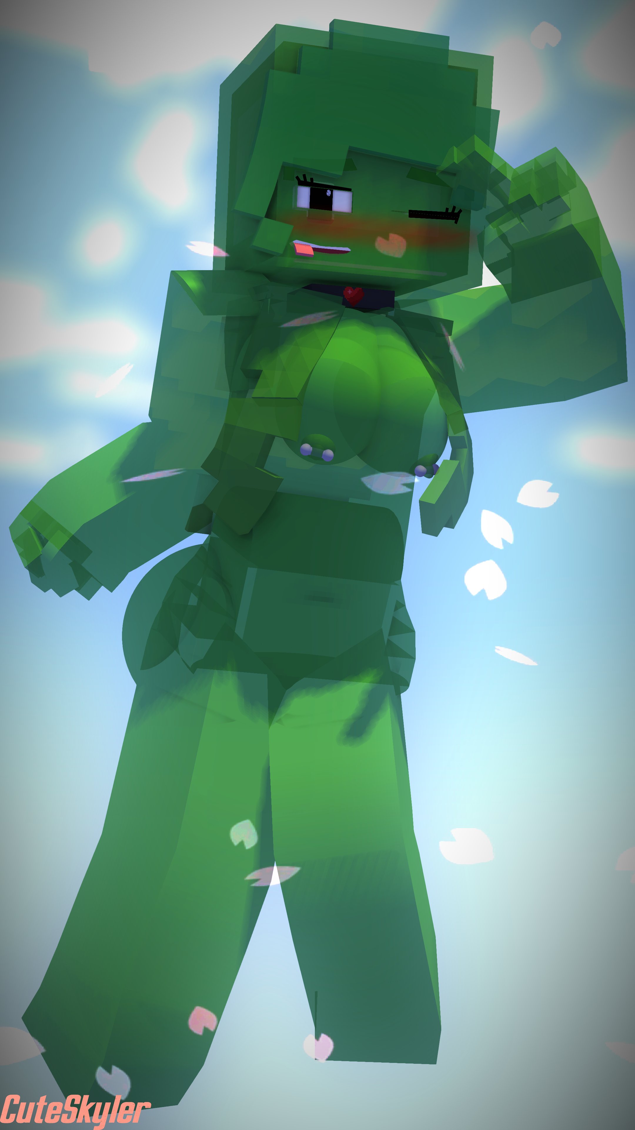 1girls, 3d, ass, big breasts, breasts, cuteskyler, female, female only, green hair, green skin, janet (cuteskyler), mine-imator, minecraft, monster, monster girl, nipple piercing, nipples, nude, one eye closed, piercing, simple background, slime, slime (minecraft), slime girl, solo, tagme, v, wink