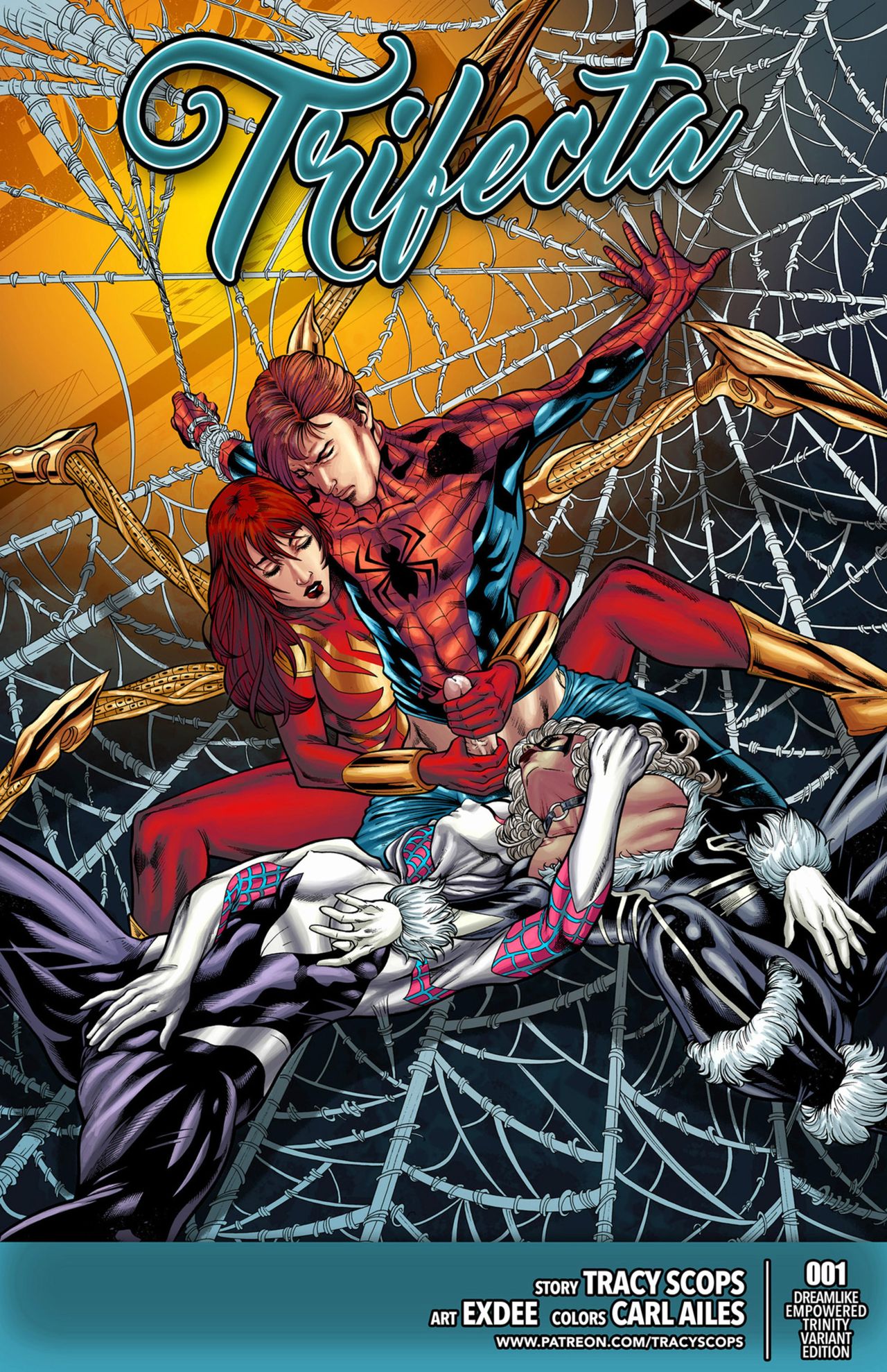 1boy 3girls black_cat_(marvel) bust busty carl_ailes clothed clothing costume exdee felicia_hardy female gwen_stacy handjob hips iron_spider long_hair male marvel marvel_comics masturbation metal_arm penis peter_parker red_hair sex spider-gwen spider-man spider-man_(series) stimulation straight straight_hair superhero superheroine title tracyscops voluptuous watermark web webs white_hair wide_hips