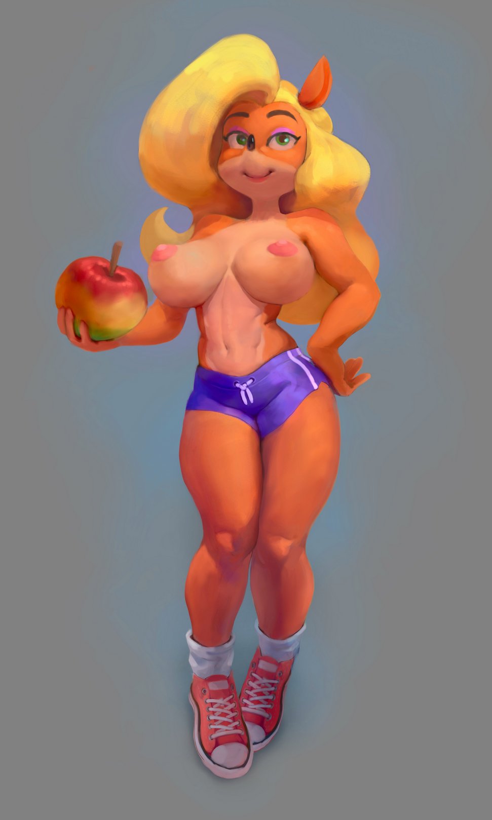 anthro areolae bare_legs big_breasts blonde_hair breasts busty crash_(series) crash_bandicoot_(series) curvaceous curvy eyeliner eyeshadow female female_focus female_only flo_(artist) fruit full_body fur furry green_eyes gumdrops_(artist) hourglass_figure huge_breasts large_breasts long_hair mascara navel nipples pinup short_shorts sneakers solo standing tawna_bandicoot thick_thighs topless voluptuous wide_hips wumpa_fruit