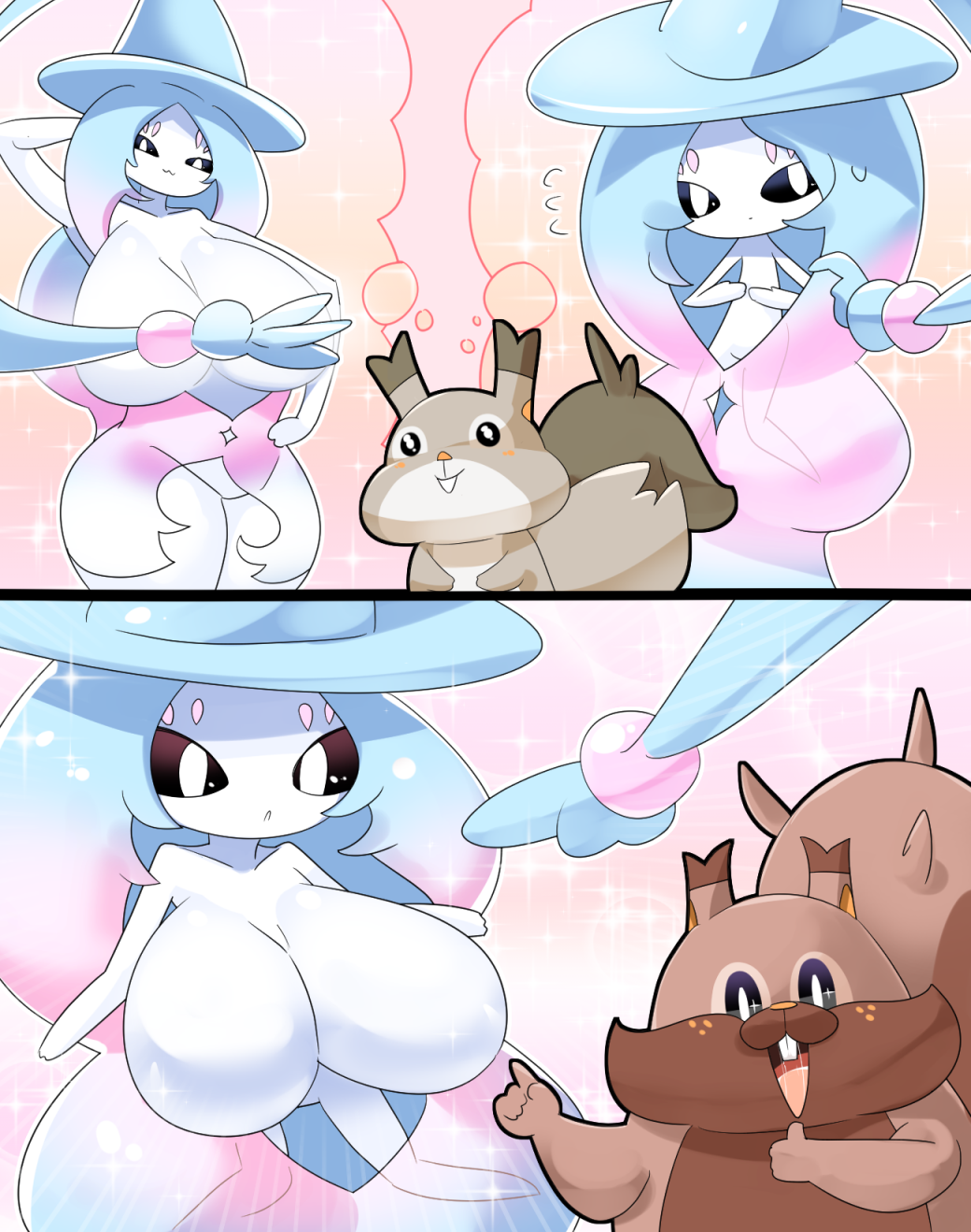 1girls 2koma alternate_breast_size ambiguous_gender baby_face blush breasts buck_teeth flat_chest game_freak gradient_background greedent hatterene huge_breasts lets0020 looking_at_viewer nintendo no_humans plump pokemon pokemon_(species) pokemon_ss size_difference skwovet sparkle sparkling_eyes squirrel sweat thick_thighs thought_bubble thumbs_up