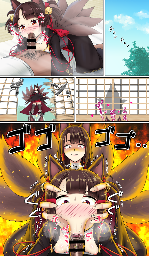 1boy 2girls :>= akagi-chan_(azur_lane) akagi_(azur_lane) azur_lane blowjob fellatio maru_mie