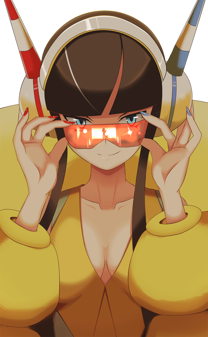 1girls adjusting_eyewear adjusting_glasses black_hair blue_eyes blue_nails breasts cleavage elesa_(pokemon) elesa_(pokemon_bw2) female female_focus female_only gym_leader headphones highres human long_hair looking_at_viewer looking_over_eyewear looking_over_glasses medium_breasts nail_polish nintendo pokemon pokemon_bw2 red-tinted_eyewear red-tinted_glasses smile solo sunglasses tinted_eyewear twintails very_long_hair visor vivivoovoo white_background