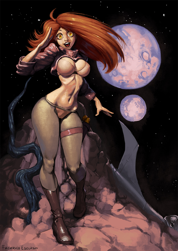 2020 big_breasts biker_jacket boots bra breasts female female_focus female_only ferolepo frederico_escorsin long_hair midriff original_character red_hair salute saluting solo solo_female tight_pants tights yellow_eyes