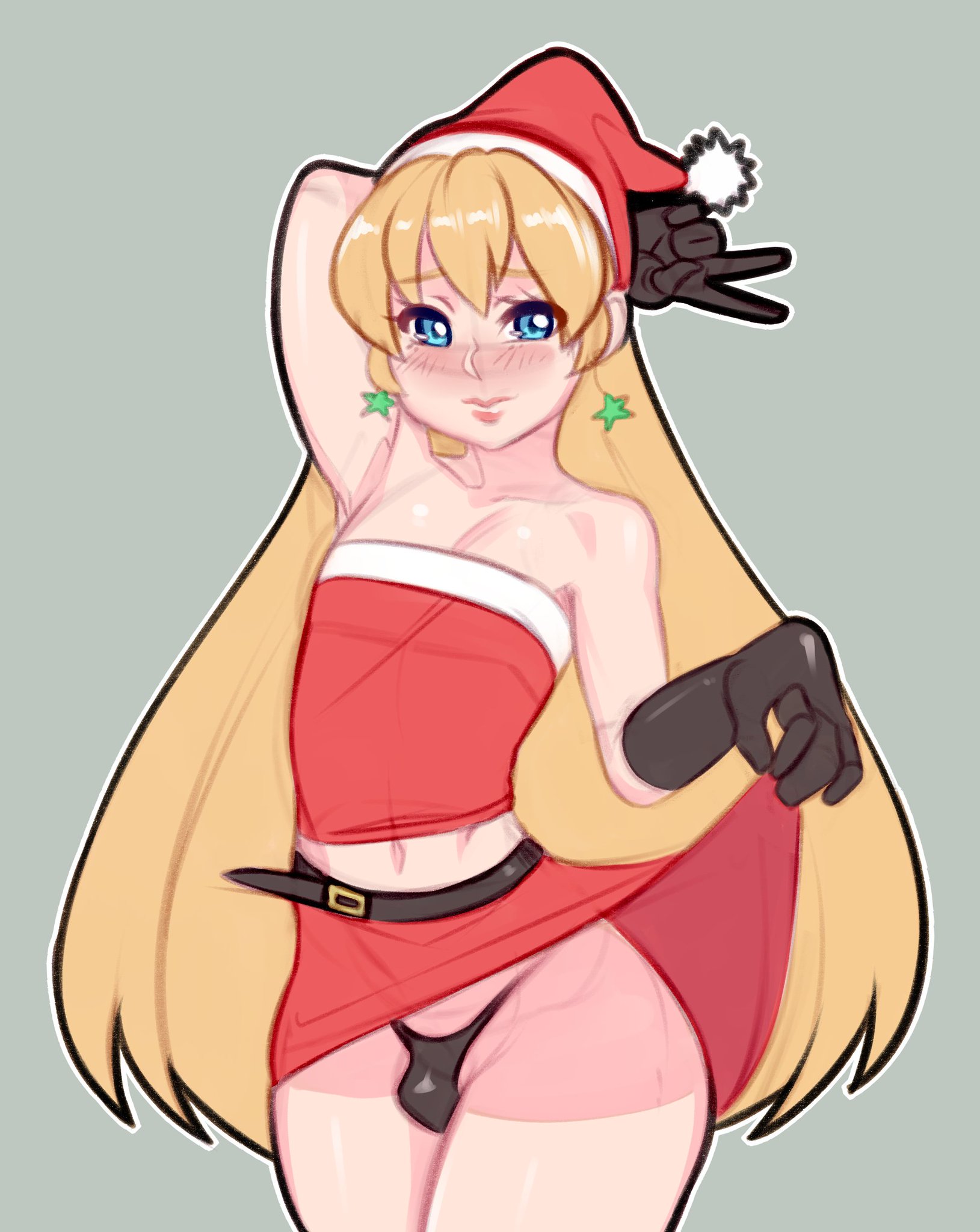 1boy, 2019, androgynous, blush, bulge, christmas, christmas dress, crossdressing, dress lift, femboy, girly, male, male only, panty bulge, santa hat, skirt lift, solo, trap, truedevirish, v, very long hair