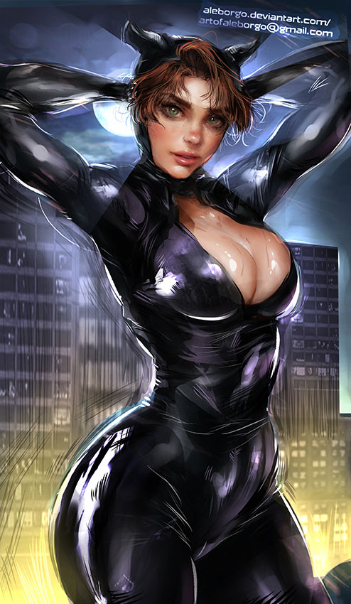 1girls aleborgo arms_behind_head batman_(series) bodysuit catwoman cleavage cleavage_cutout dc dc_comics female_only pinup solo solo_female straight_hair thick_thighs unzipped_bodysuit