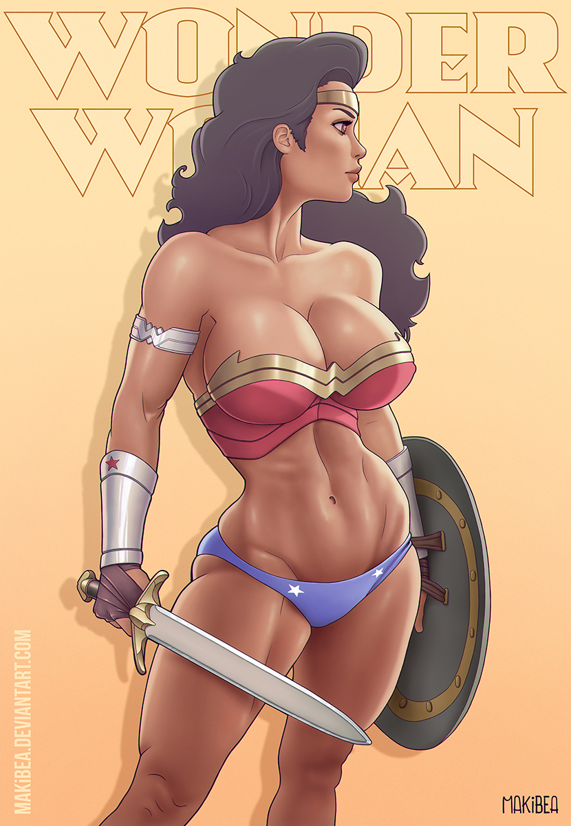 alternate version at source, alternate version available, bikini, dark skin, dark-skinned female, dc, dc comics, diana prince, female, makibea, shield, solo, sword, wonder woman, wonder woman (series)