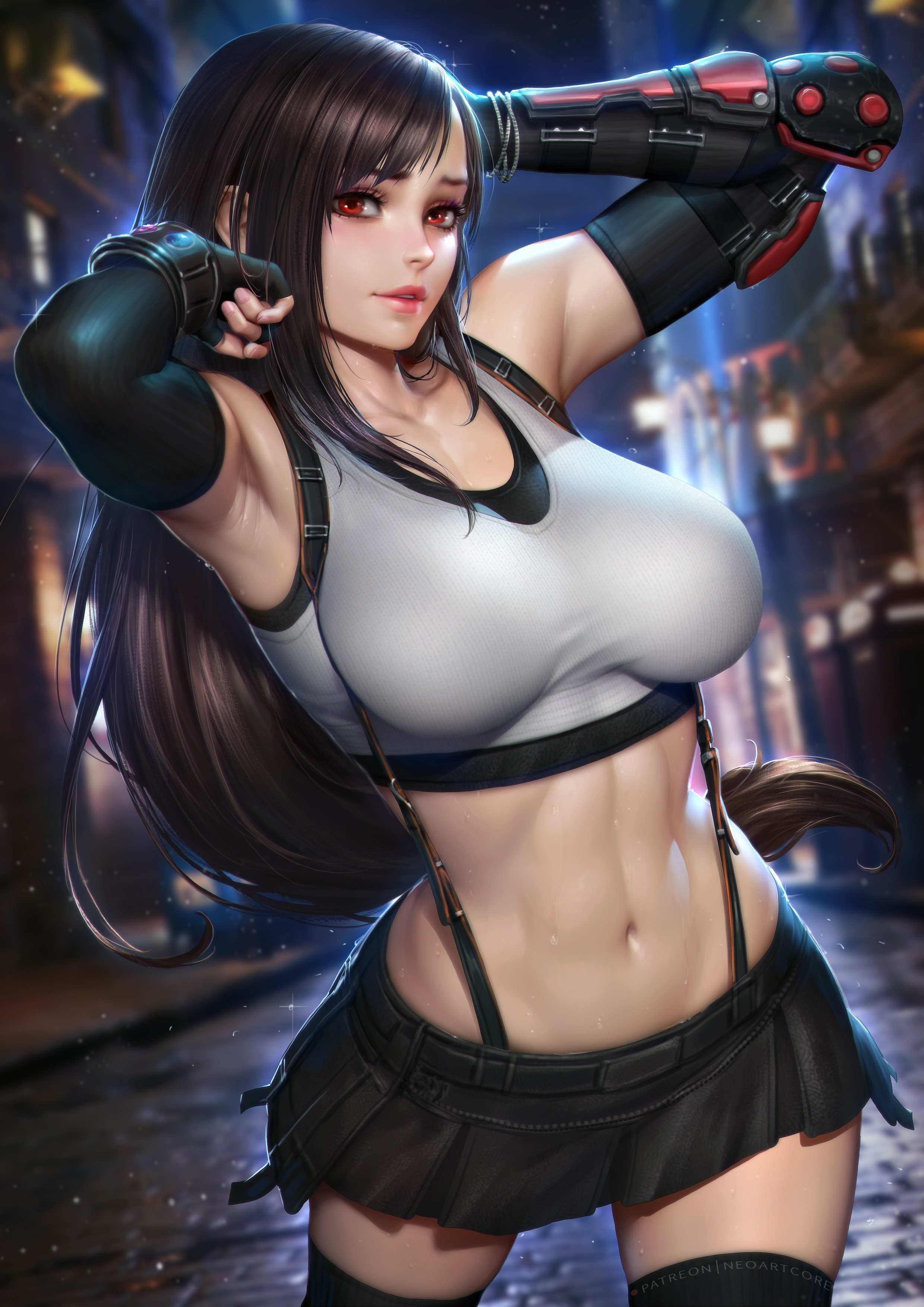 1girls, abs, absurd res, big breasts, black hair, breasts, female, female only, final fantasy, final fantasy vii, highres, large breasts, midriff, navel, neoartcore, pose, red eyes, skirt, solo, solo female, sports bra, square enix, suspenders, thighhighs, tifa lockhart