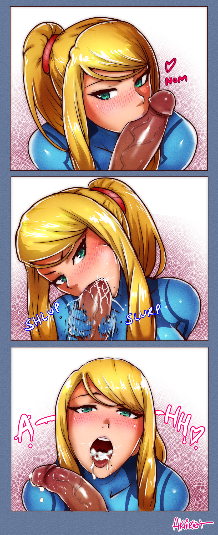 1boy, 1girls, after sex, akairiot, bangs, beauty mark, big penis, bimbo, blonde hair, blowjob, blush, brown body, brown skin, brown-skinned male, cheek bulge, cum, cum in mouth, cum inside, faceless male, fellatio, female, green eyes, handjob, heart, kissing penis, light skin, light-skinned female, looking at viewer, male, male pov, metroid, mole under mouth, nintendo, open mouth, oral, penis, pleasure face, ponytail, pov, pov blowjob, pov eye contact, saliva, saliva on penis, samus aran, seductive, sex, tan-skinned male, tongue, tongue out, veiny penis, zero suit samus