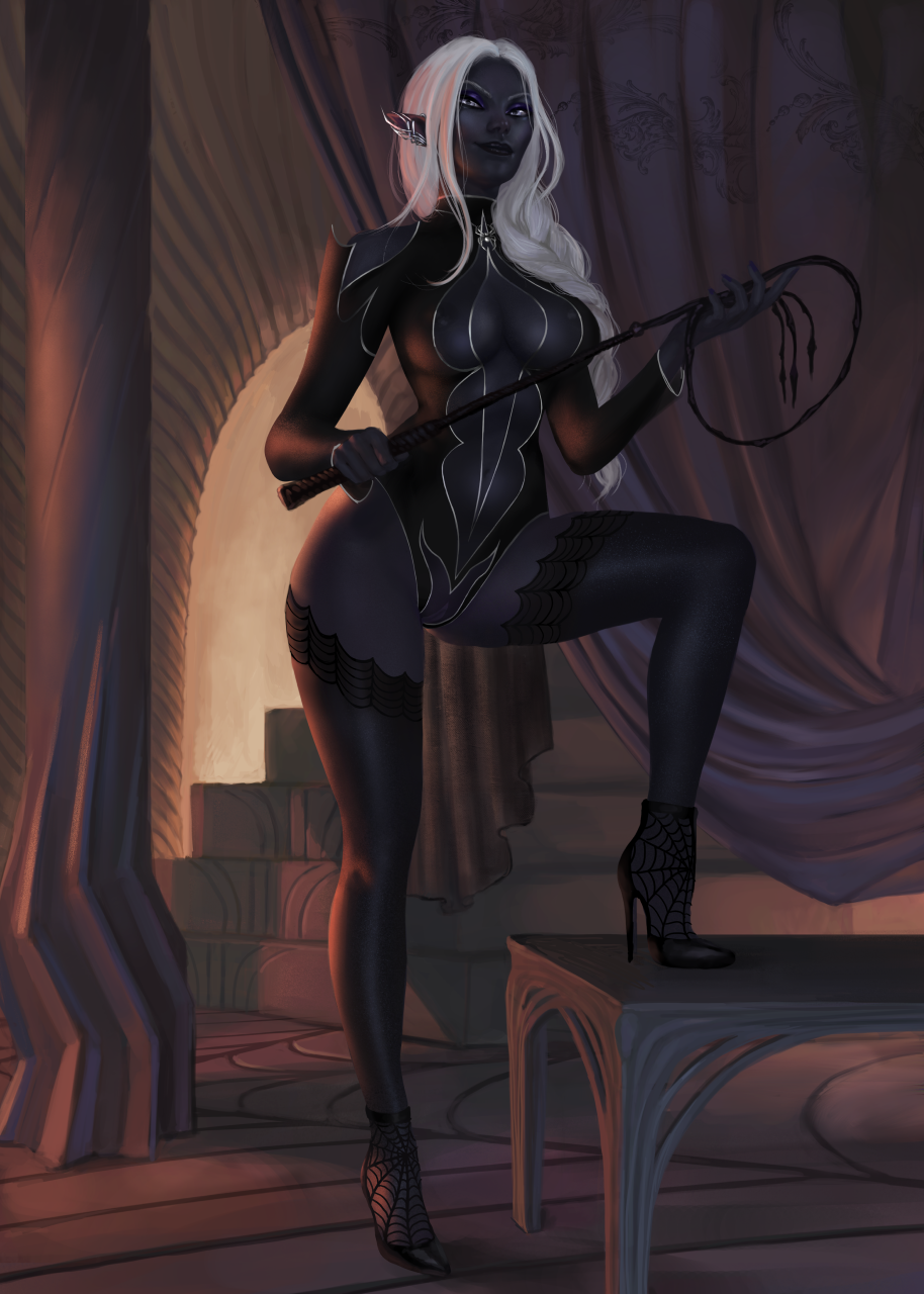 1girls alyiara_arab'sek breasts dark_elf drow dungeons_and_dragons elf female female_only forgotten_realms looking_at_viewer opalescent pointy_ears pussy solo thighhighs