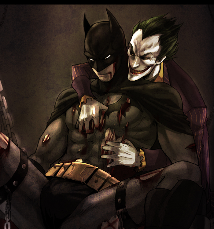 2boys batman batman:_arkham_asylum batman:_arkham_city batman:_arkham_knight batman_(series) blood bondage bruce_wayne bulge cuts cutting dc gay green_hair injuries joker male male_only rape rape_face red_lips restrained smiling spread_legs the_joker torn_bodysuit white_skin yaoi