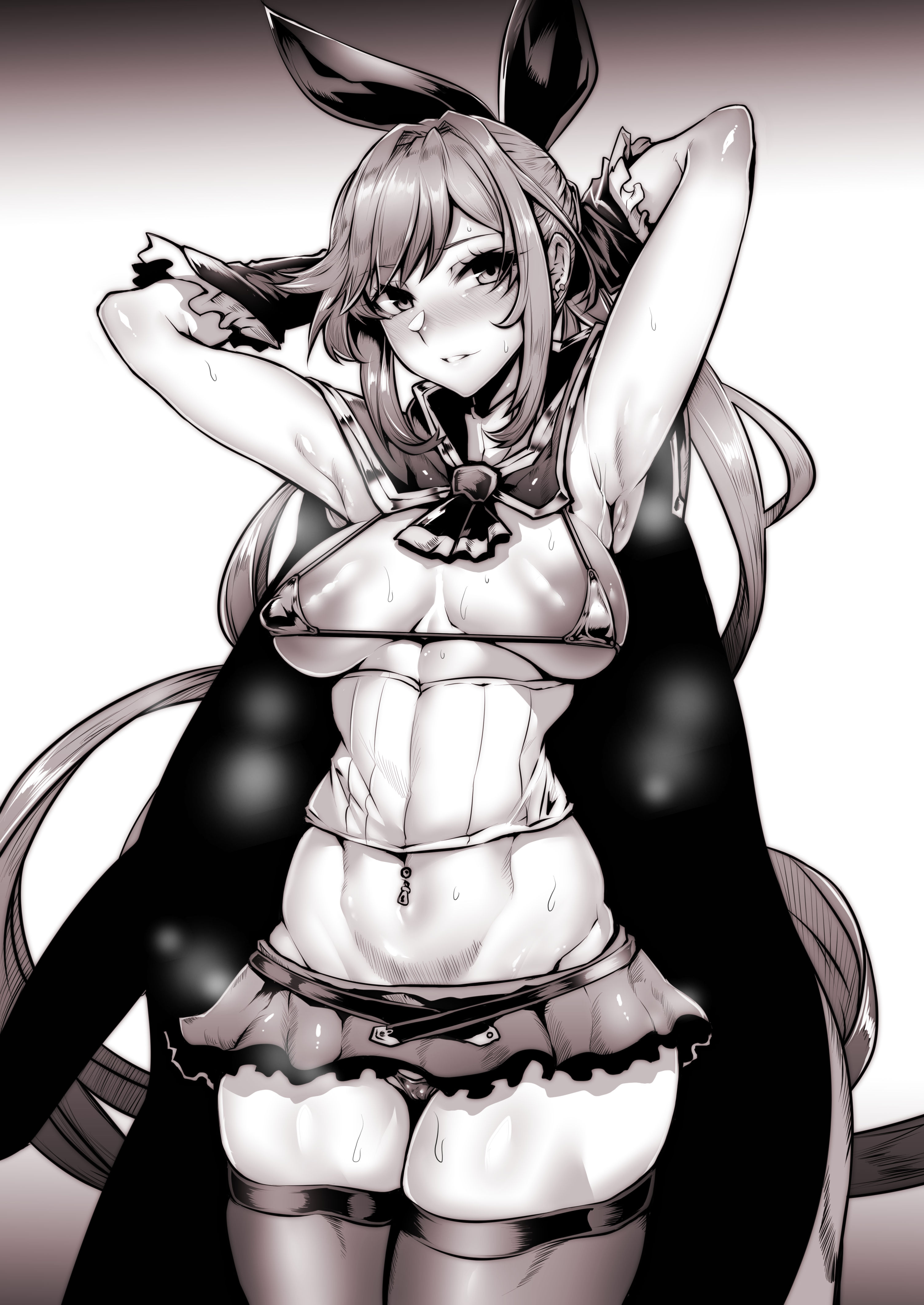 areola slip, areolae, armpits, arms behind head, bangs, bikini, blush, breasts, cape, clarisse (granblue fantasy), cleavage, erect nipples, erect nipples under clothes, female, gggg, gloves, granblue fantasy, grin, hair ornament, hair ribbon, high resolution, long hair, looking at viewer, micro bikini, miniskirt, monochrome, navel, navel piercing, nipples, piercing, ponytail, ribbon, simple background, skirt, smile, solo, sweat, swimsuit, thighhighs, thong, tied hair, very high resolution, white background