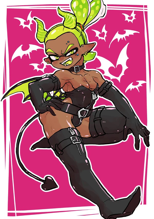 bondage collar dark_skin devil_horns elbow_gloves gay gloves latex latex_gloves leather lingerie piercing rider_(splatoon) splatoon splatoon_(manga) 小畑