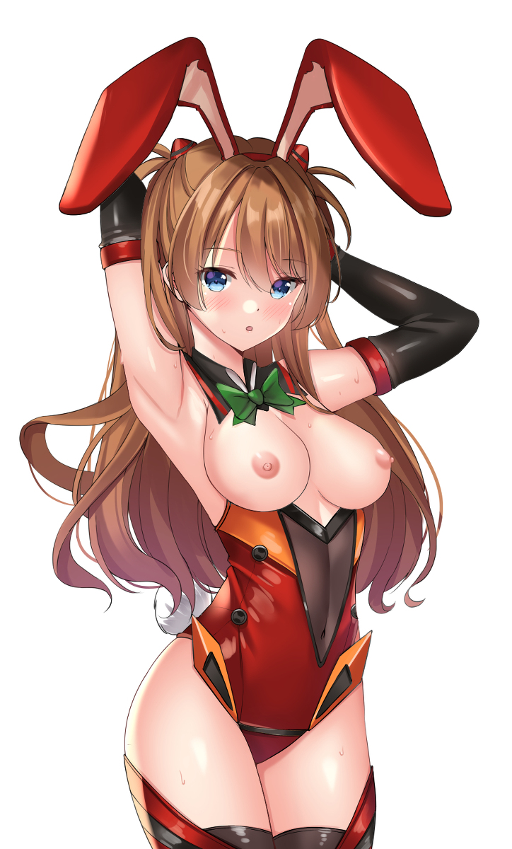 armpits, asuka langley sohryu, bdsm, blackheartxiii, blue eyes, blush, bondage, bound, bowtie, breasts, bunny ears, bunny girl, bunny tail, bunnysuit, clothing, collar, detached collar, detached sleeves, exposed breasts, eyebrows visible through hair, female, female only, hair between eyes, hands behind head, long hair, looking at viewer, medium breasts, neon genesis evangelion, nipples, open mouth, orange hair, petplay, red hair, ribbon, shiny skin, solo, stockings, sweat, sweatdrop, thighhighs, white background